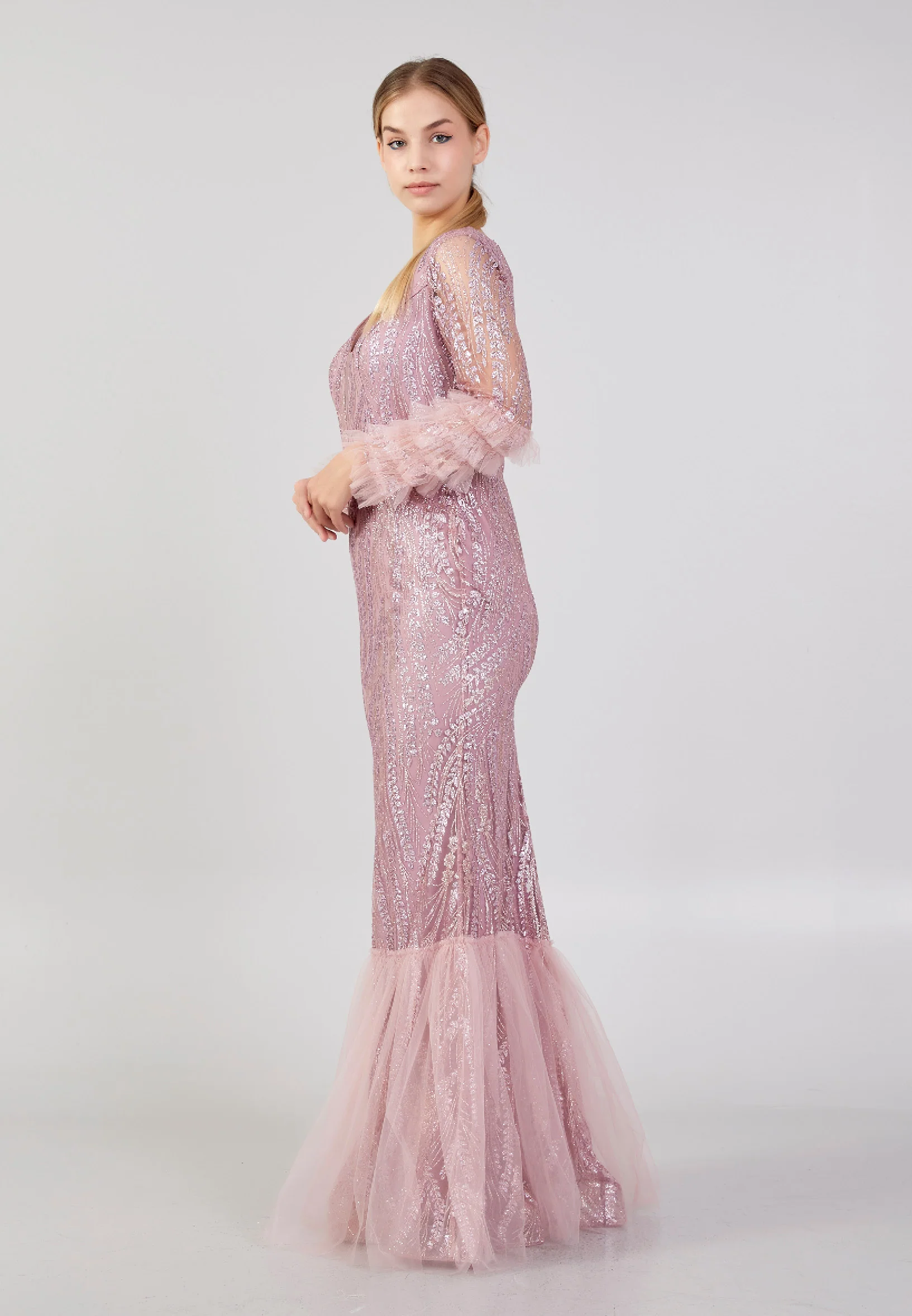 Long Sleeve Maxi Tulle Column Plus Size Wedding Guest Dress rmn3213-b - Image 23