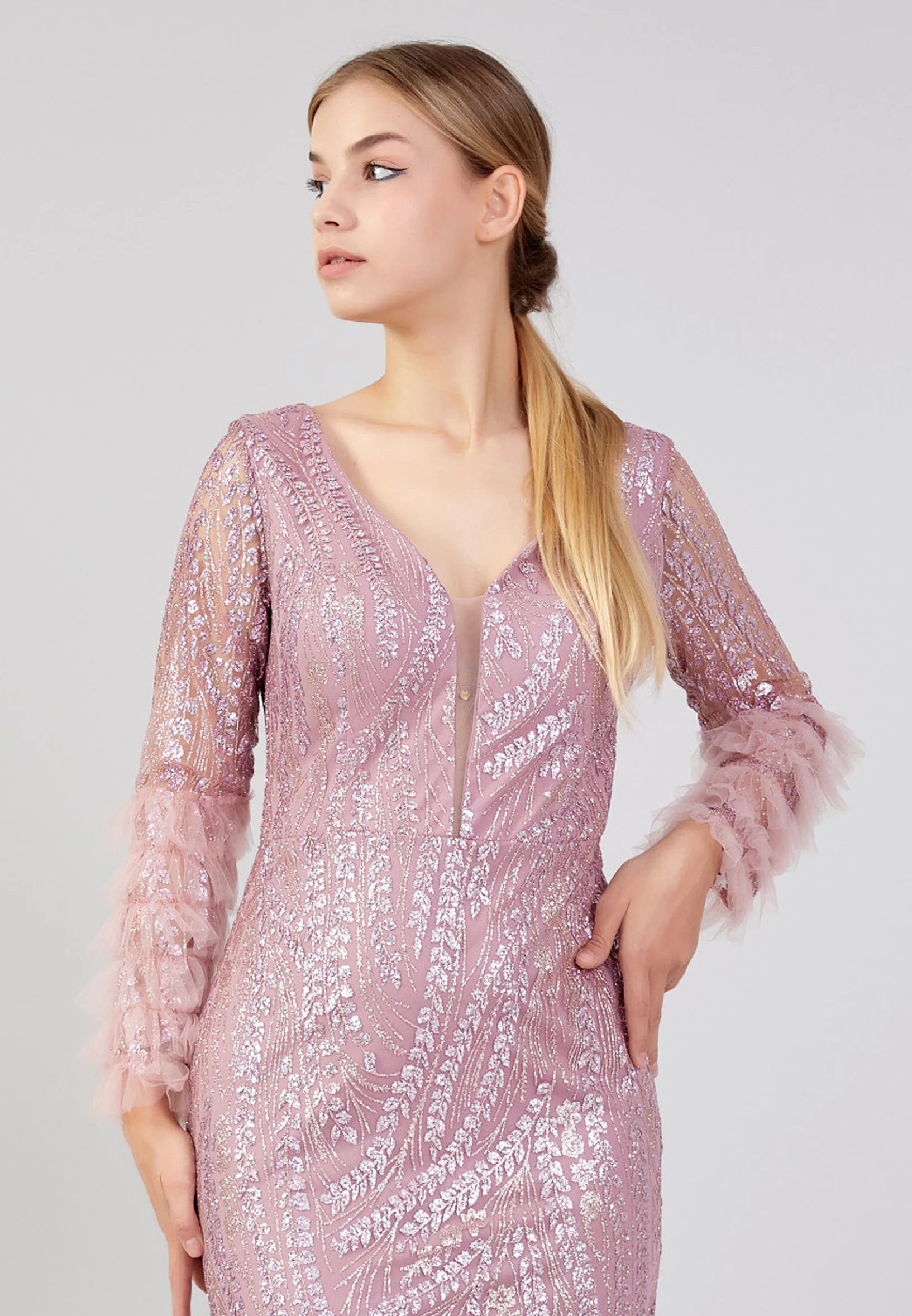 Long Sleeve Maxi Tulle Column Plus Size Wedding Guest Dress rmn3213-b - Image 24