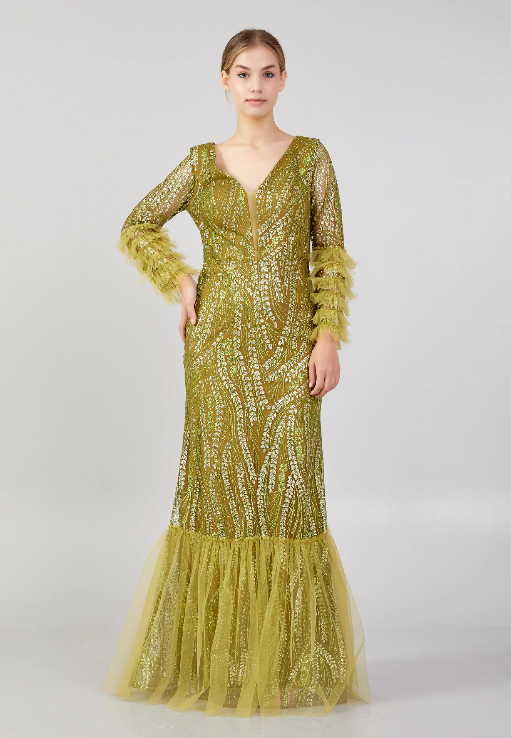 Long Sleeve Maxi Tulle Column Plus Size Wedding Guest Dress rmn3213-b - Image 25