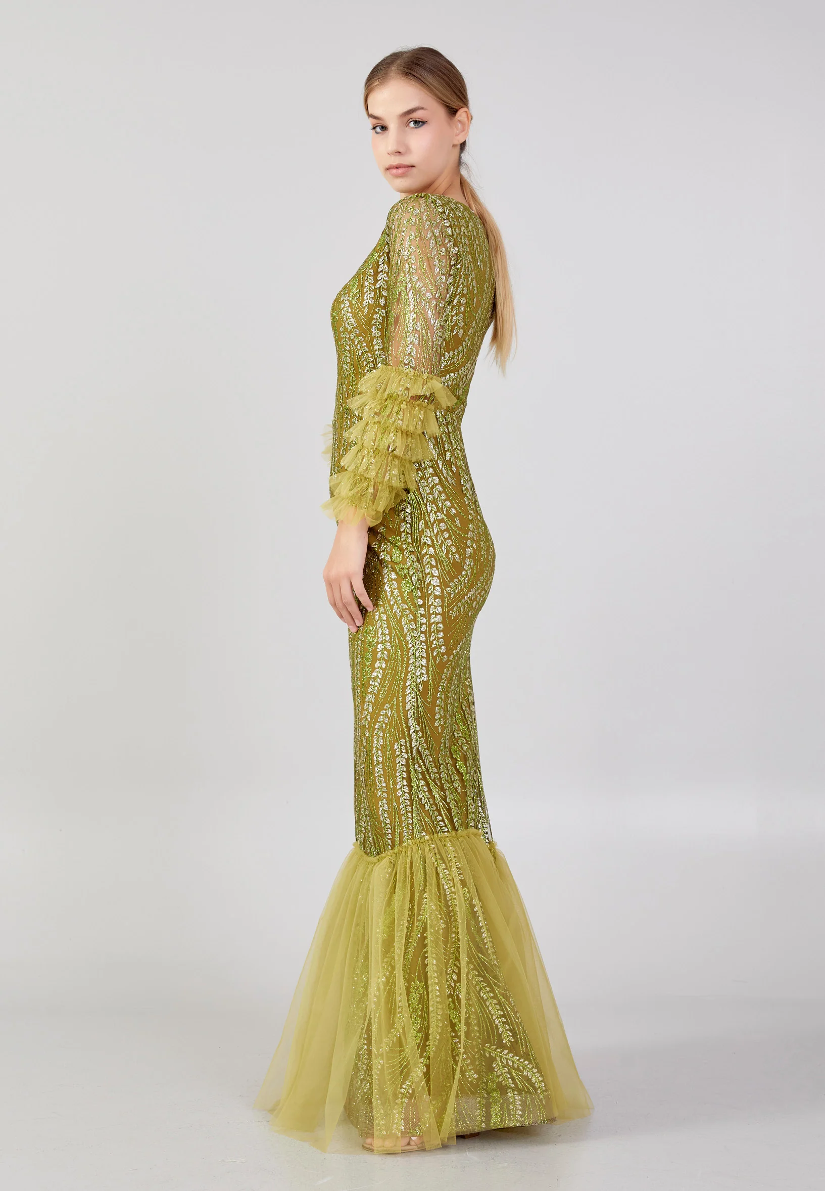 Long Sleeve Maxi Tulle Column Plus Size Wedding Guest Dress rmn3213-b - Image 27