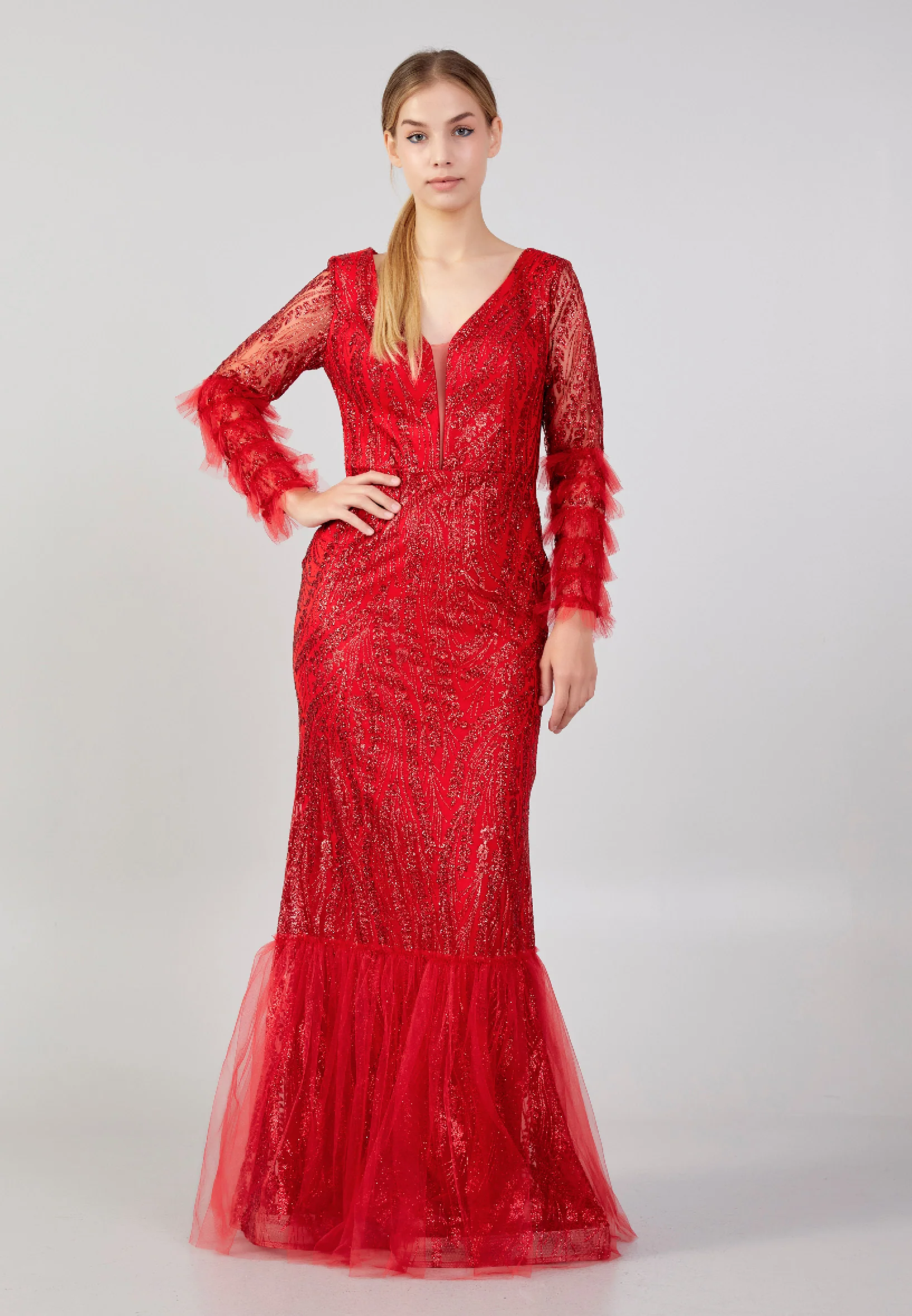 Long Sleeve Maxi Tulle Column Plus Size Wedding Guest Dress rmn3213-b - Image 29