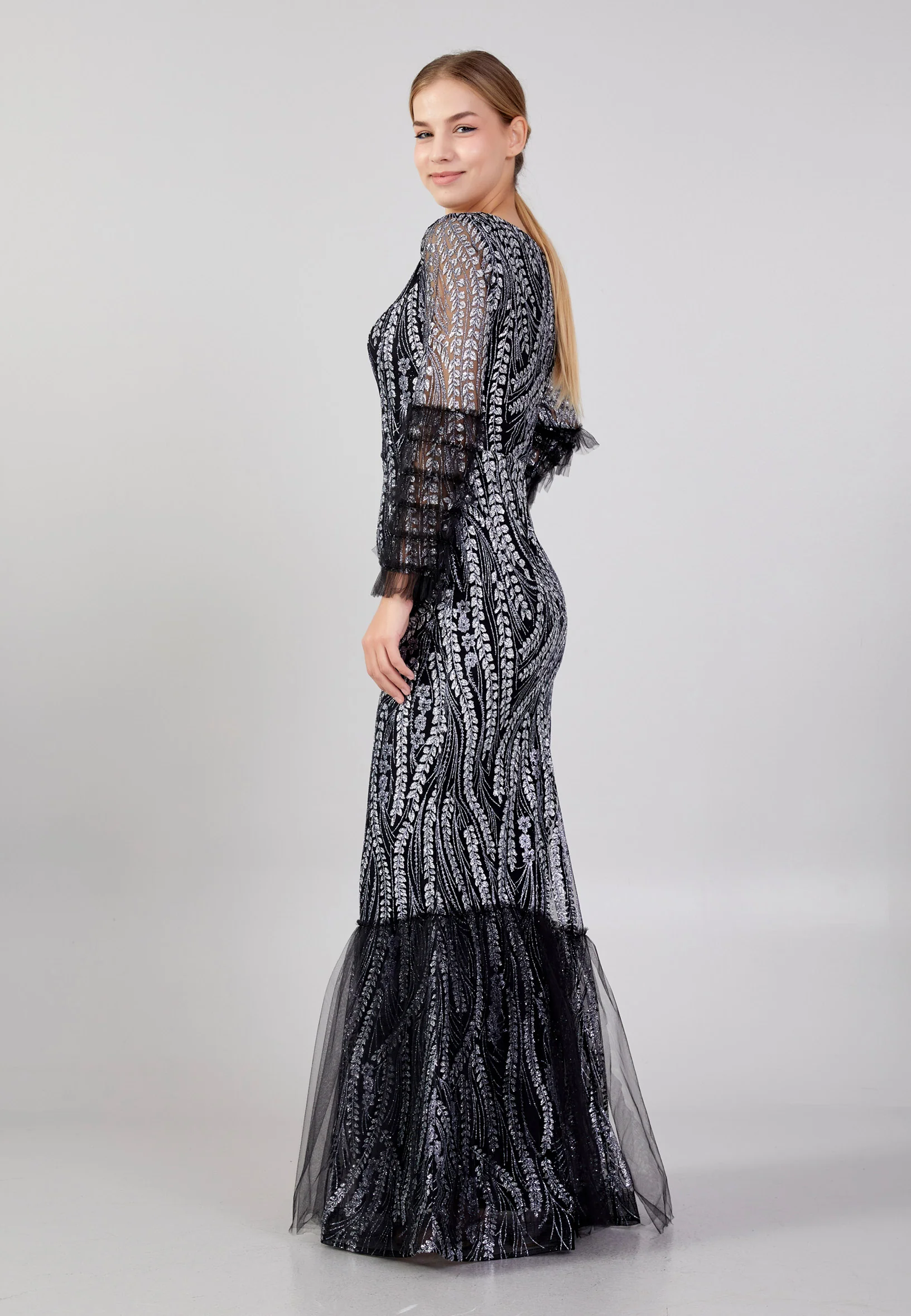 Long Sleeve Maxi Tulle Column Plus Size Wedding Guest Dress rmn3213-b - Image 3