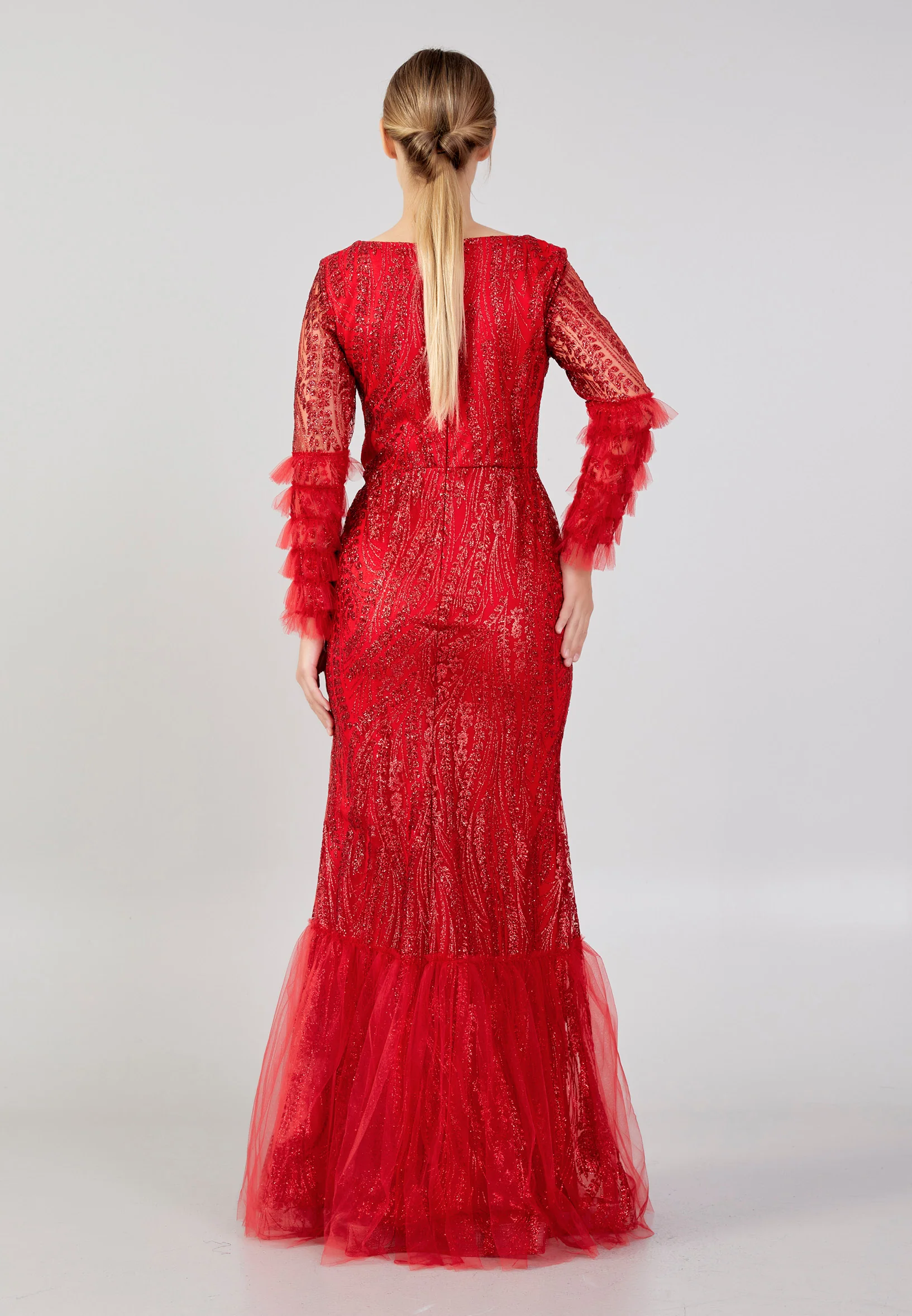 Long Sleeve Maxi Tulle Column Plus Size Wedding Guest Dress rmn3213-b - Image 30