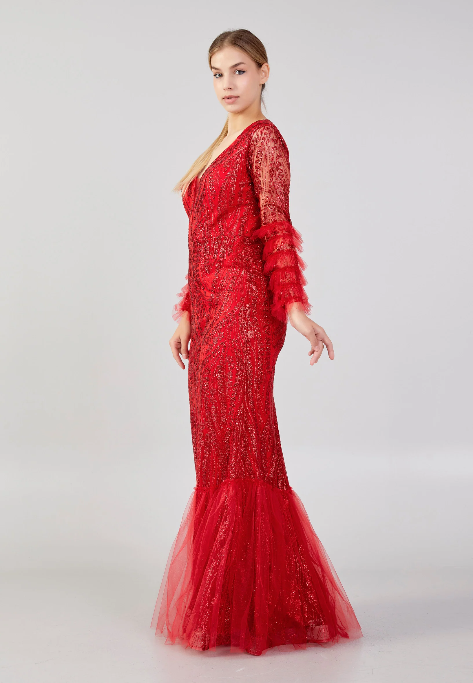Long Sleeve Maxi Tulle Column Plus Size Wedding Guest Dress rmn3213-b - Image 31
