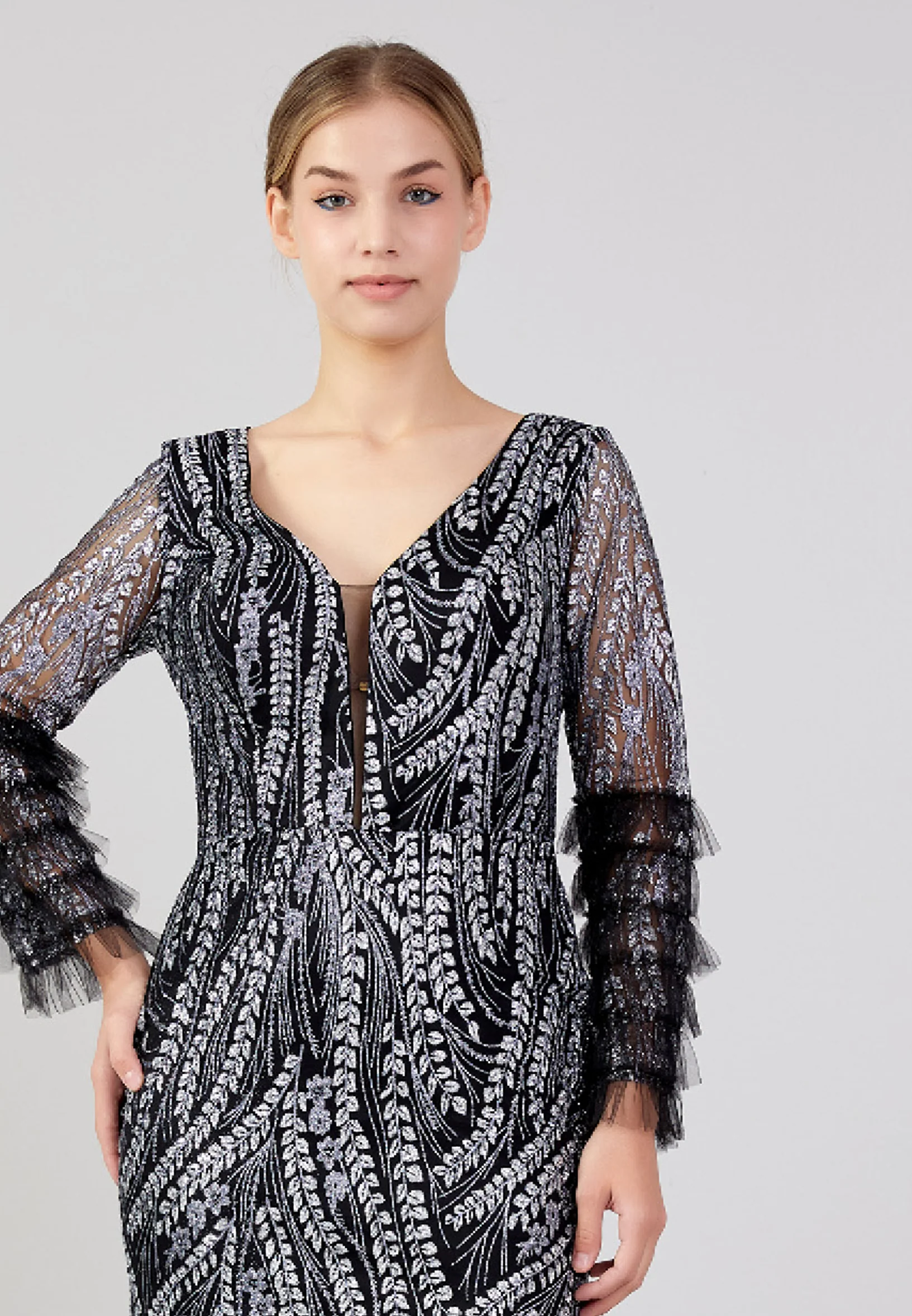 Long Sleeve Maxi Tulle Column Plus Size Wedding Guest Dress rmn3213-b - Image 4