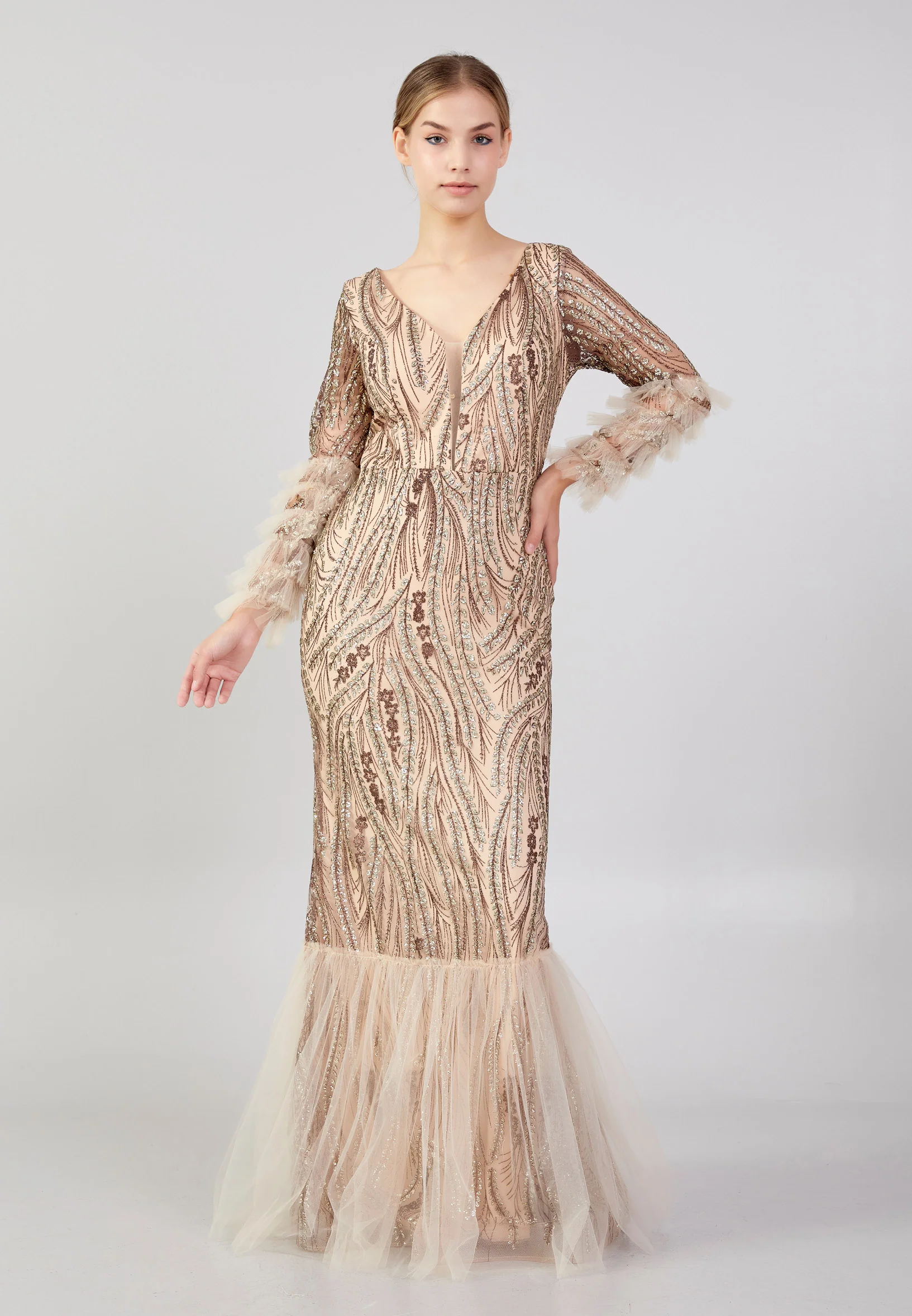 Long Sleeve Maxi Tulle Column Plus Size Wedding Guest Dress rmn3213-b - Image 5