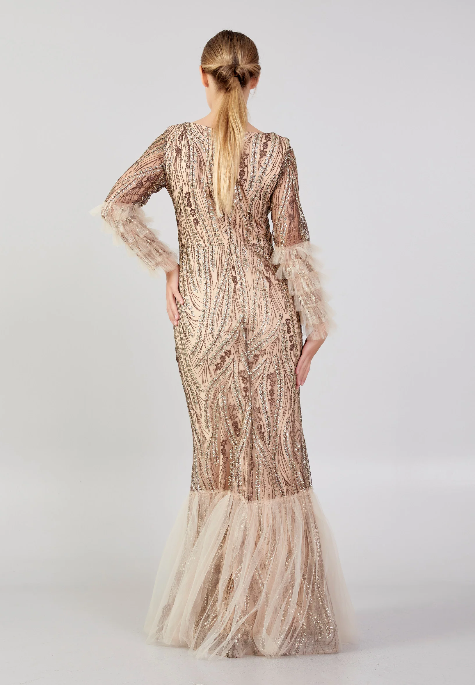 Long Sleeve Maxi Tulle Column Plus Size Wedding Guest Dress rmn3213-b - Image 6