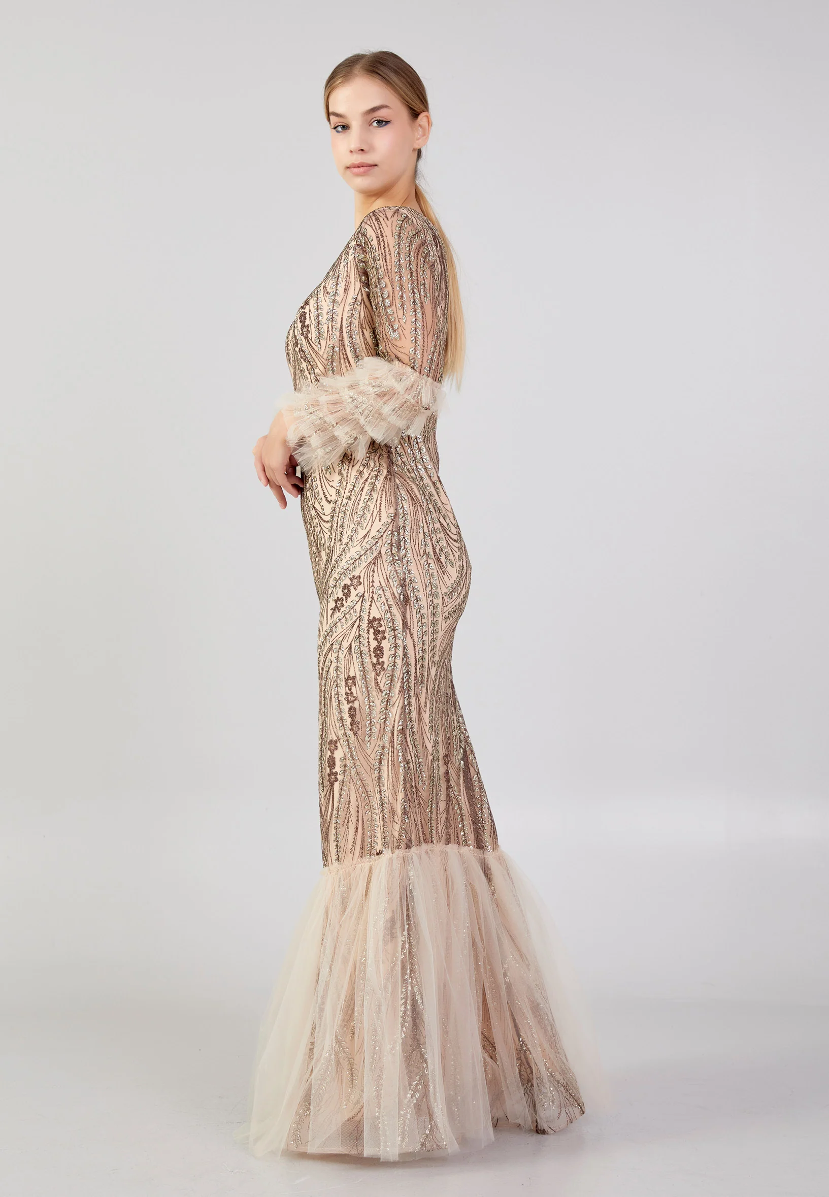 Long Sleeve Maxi Tulle Column Plus Size Wedding Guest Dress rmn3213-b - Image 7