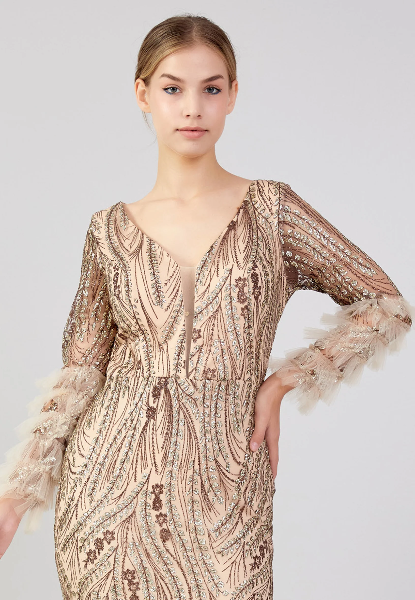 Long Sleeve Maxi Tulle Column Plus Size Wedding Guest Dress rmn3213-b - Image 8