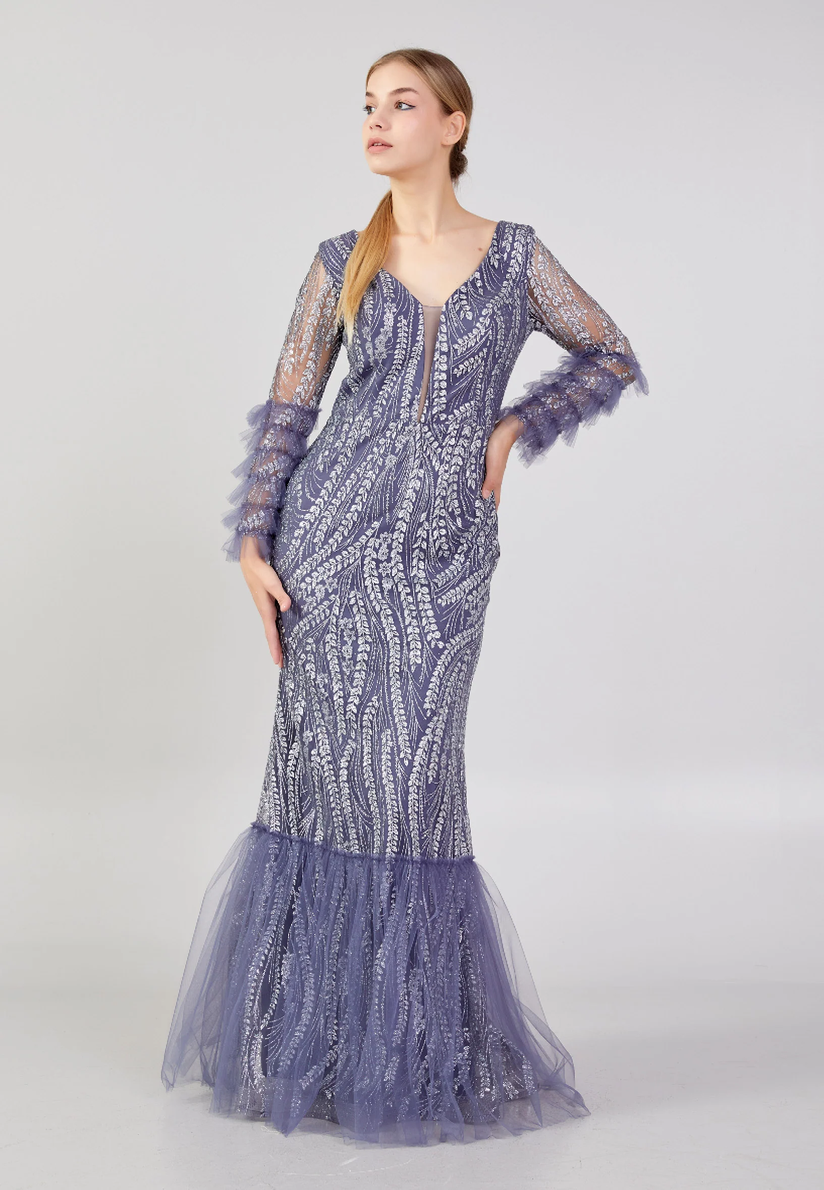 Long Sleeve Maxi Tulle Column Plus Size Wedding Guest Dress rmn3213-b - Image 9