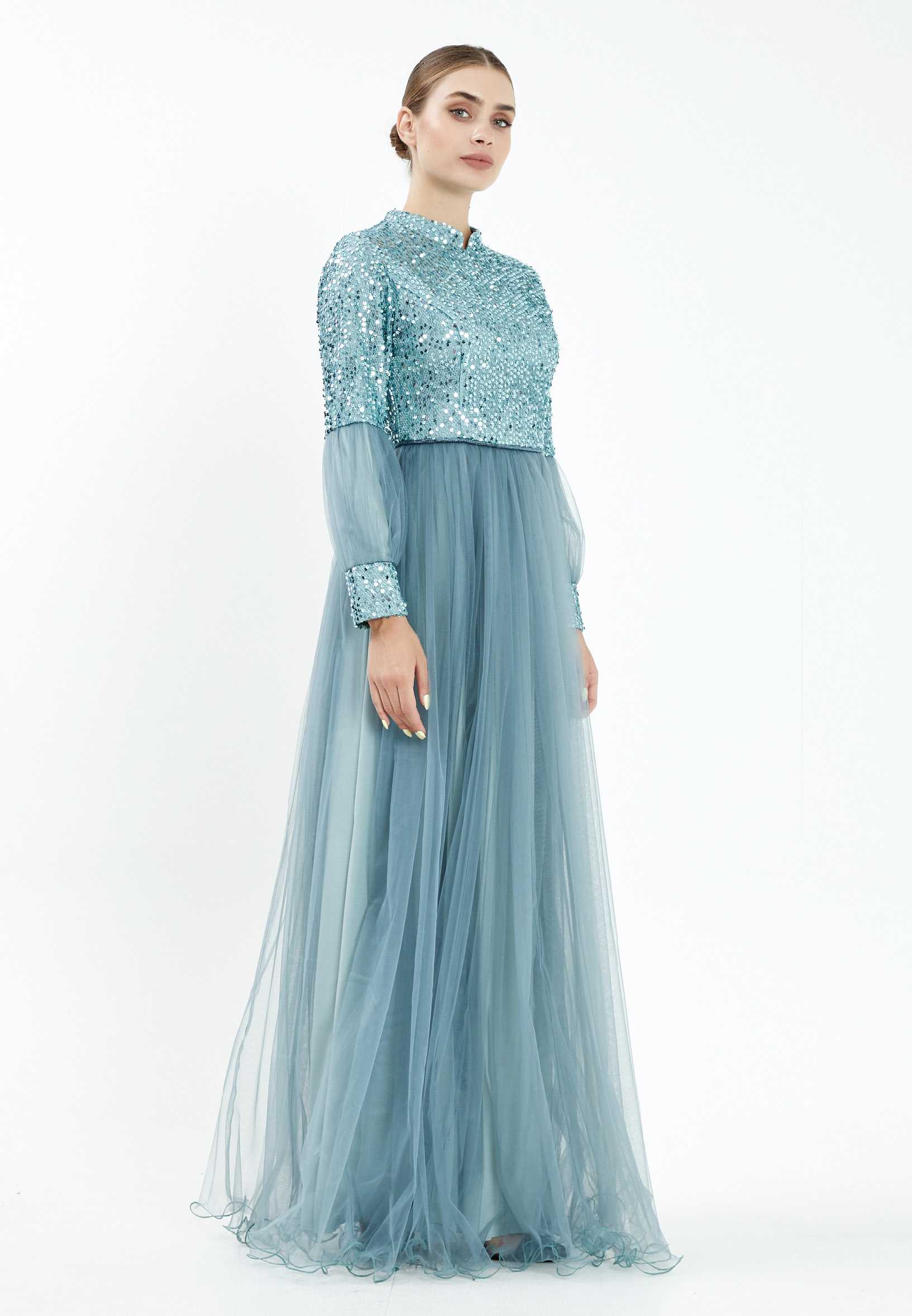 Long Sleeve Maxi Tulle Column Regular Evening Dress efl20247 - Image 11