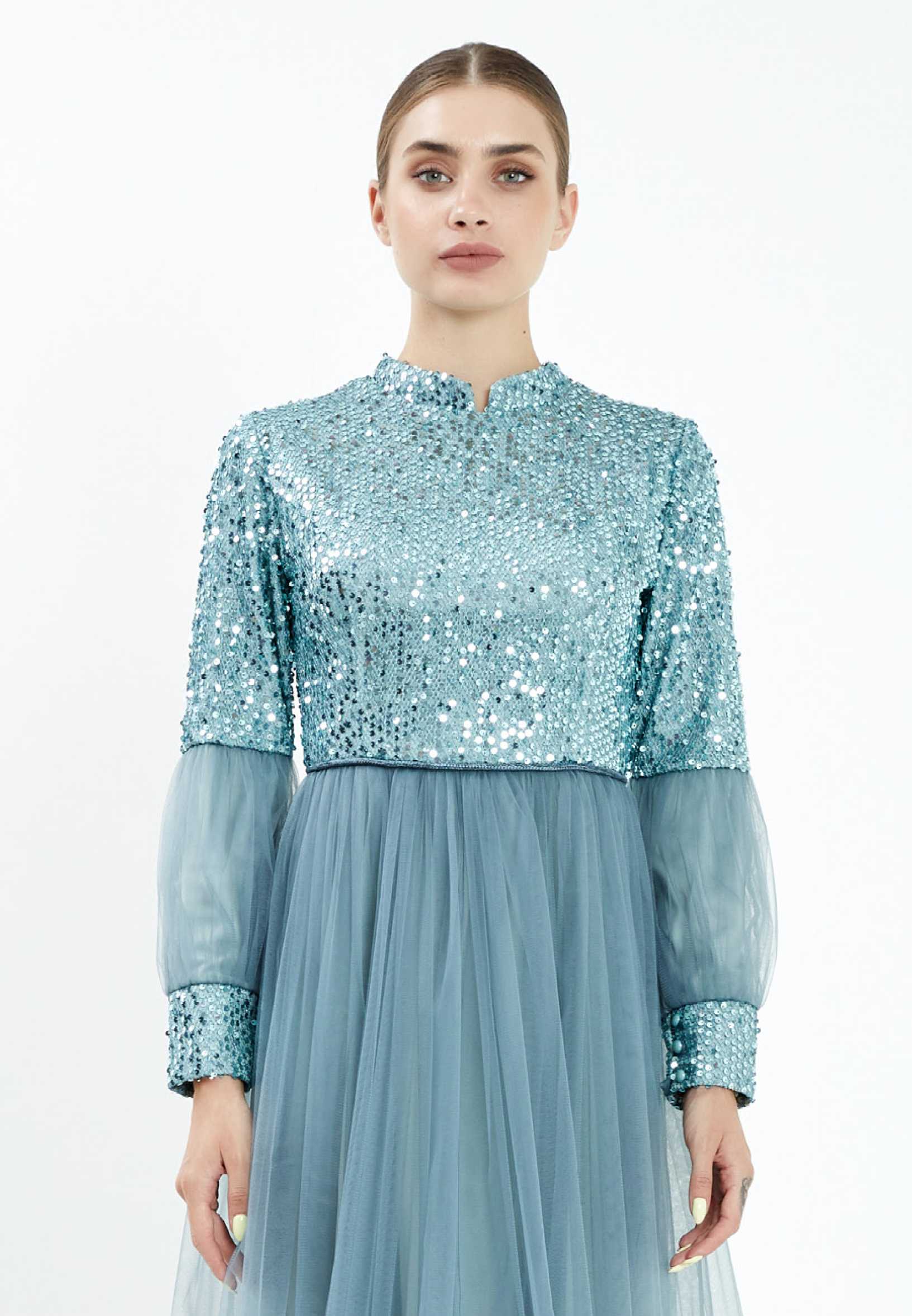 Long Sleeve Maxi Tulle Column Regular Evening Dress efl20247 - Image 12
