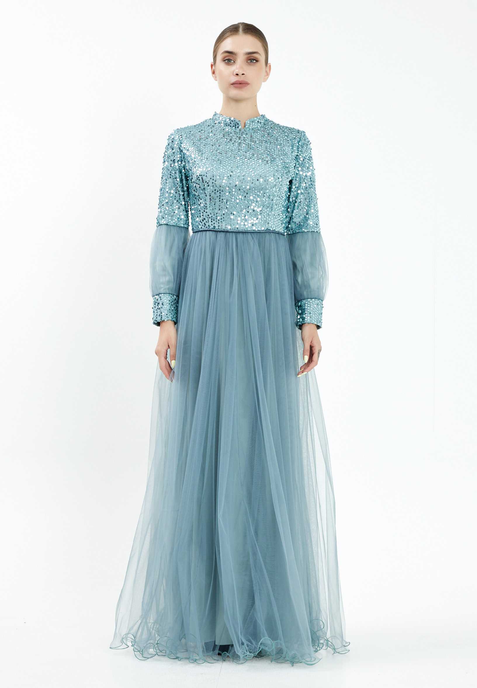 Long Sleeve Maxi Tulle Column Regular Evening Dress efl20247 - Image 9
