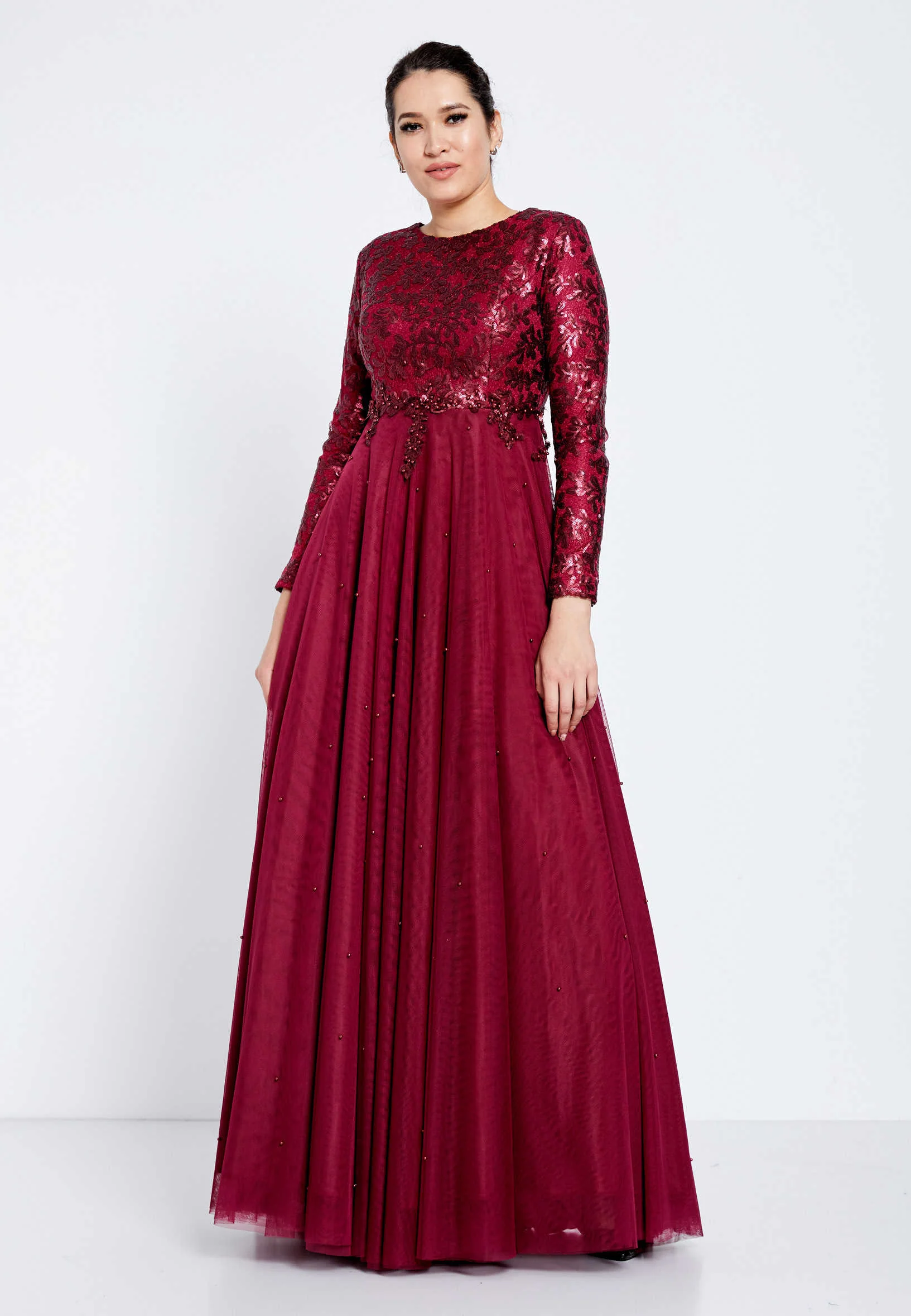 Long Sleeve Maxi Tulle Column Regular Evening Dress efl7106