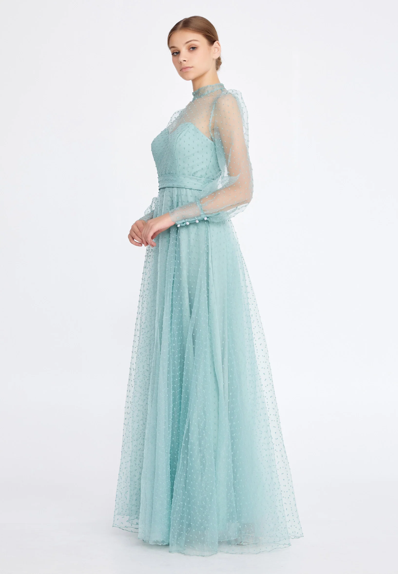 Long Sleeve Maxi Tulle Column Regular Prom Dress drd3054 - Image 3