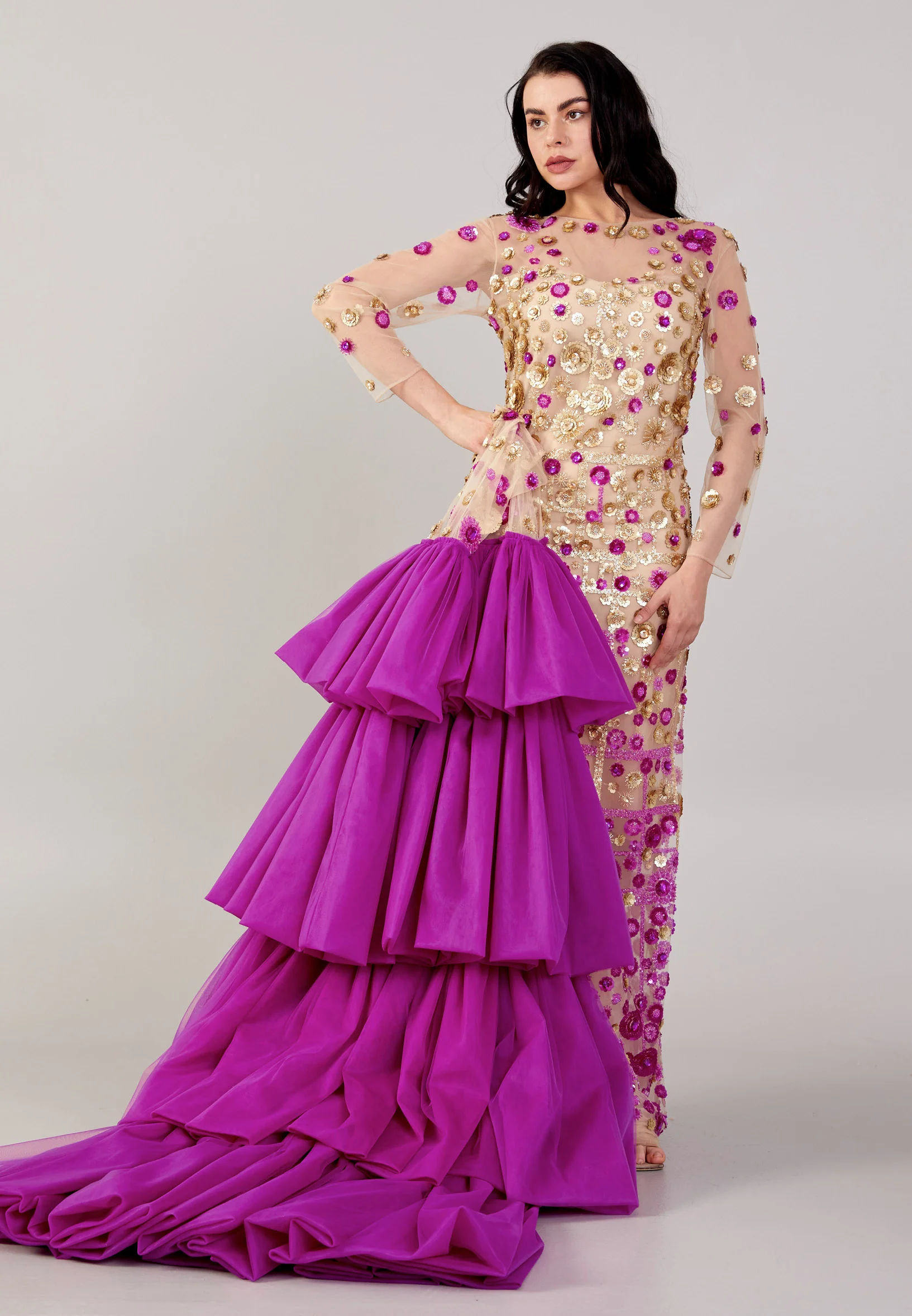 Long Sleeve Maxi Tulle Column Regular Prom Dress mtn88174 - Image 4