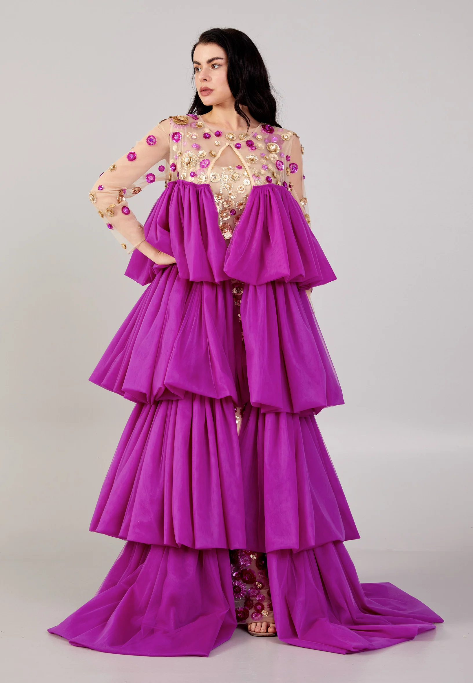 Long Sleeve Maxi Tulle Column Regular Prom Dress mtn88174 - Image 5