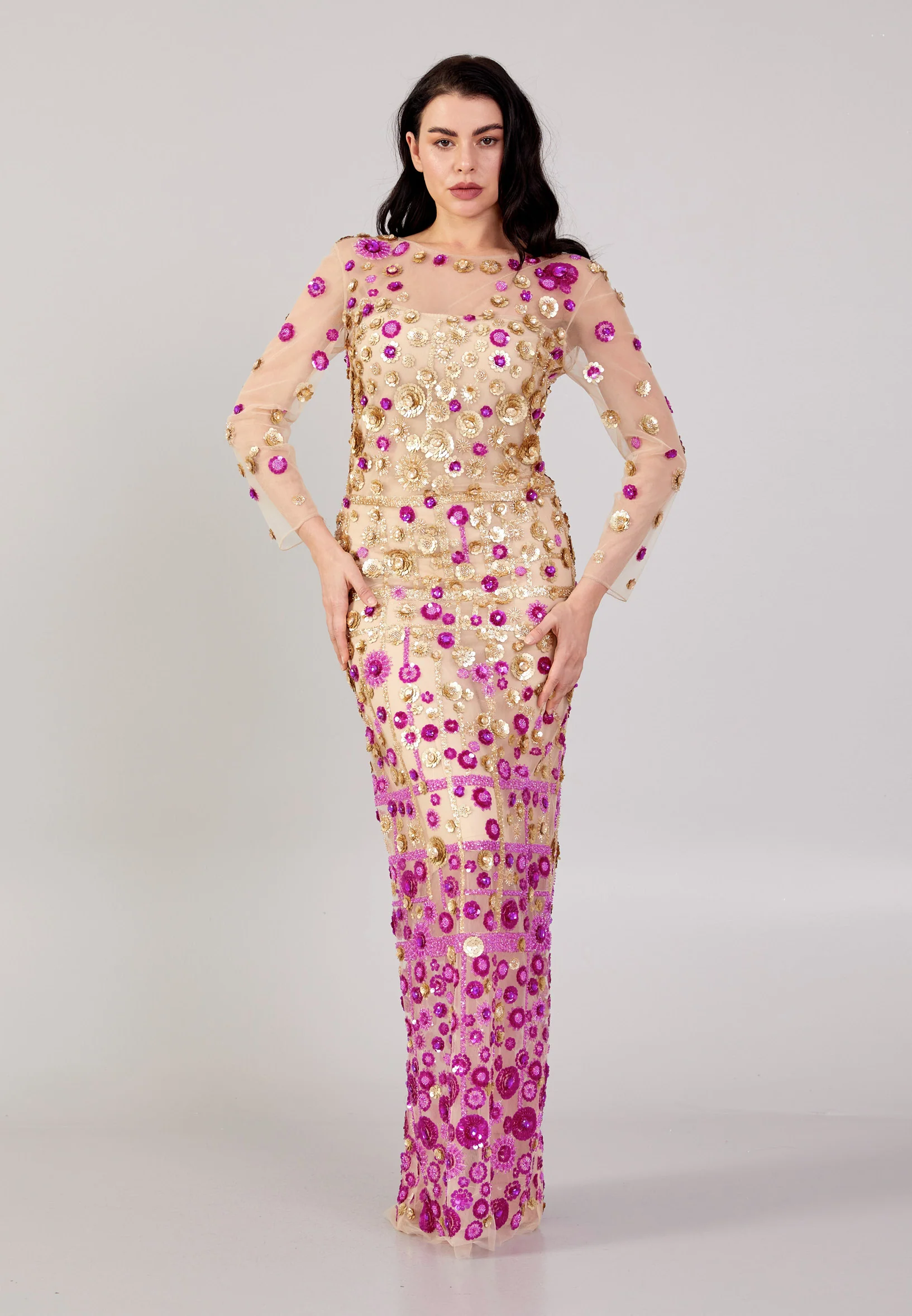 Long Sleeve Maxi Tulle Column Regular Prom Dress mtn88174 - Image 9
