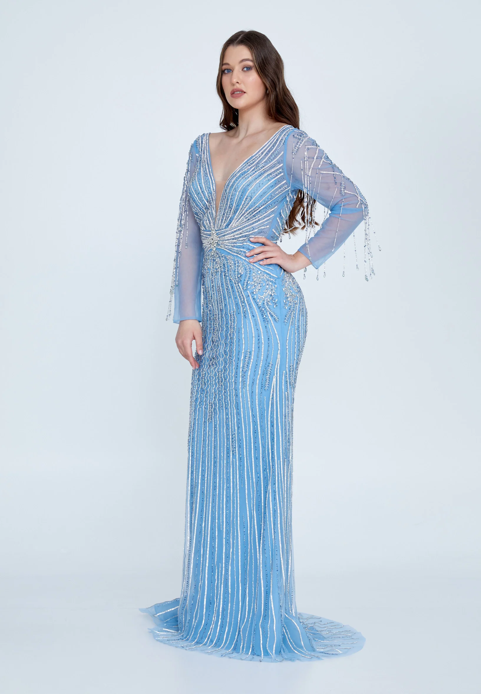 Long Sleeve Maxi Tulle Column Regular Wedding Guest Dress mti0702 - Image 7