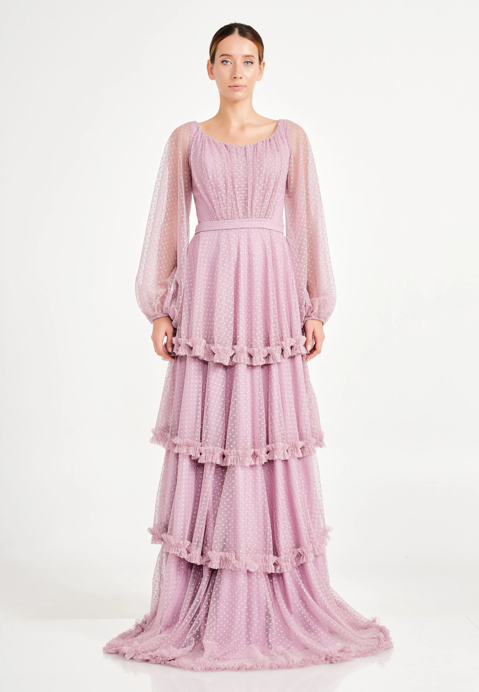 Long Sleeve Maxi Tulle Column Regular Wedding Guest Dress ron5020