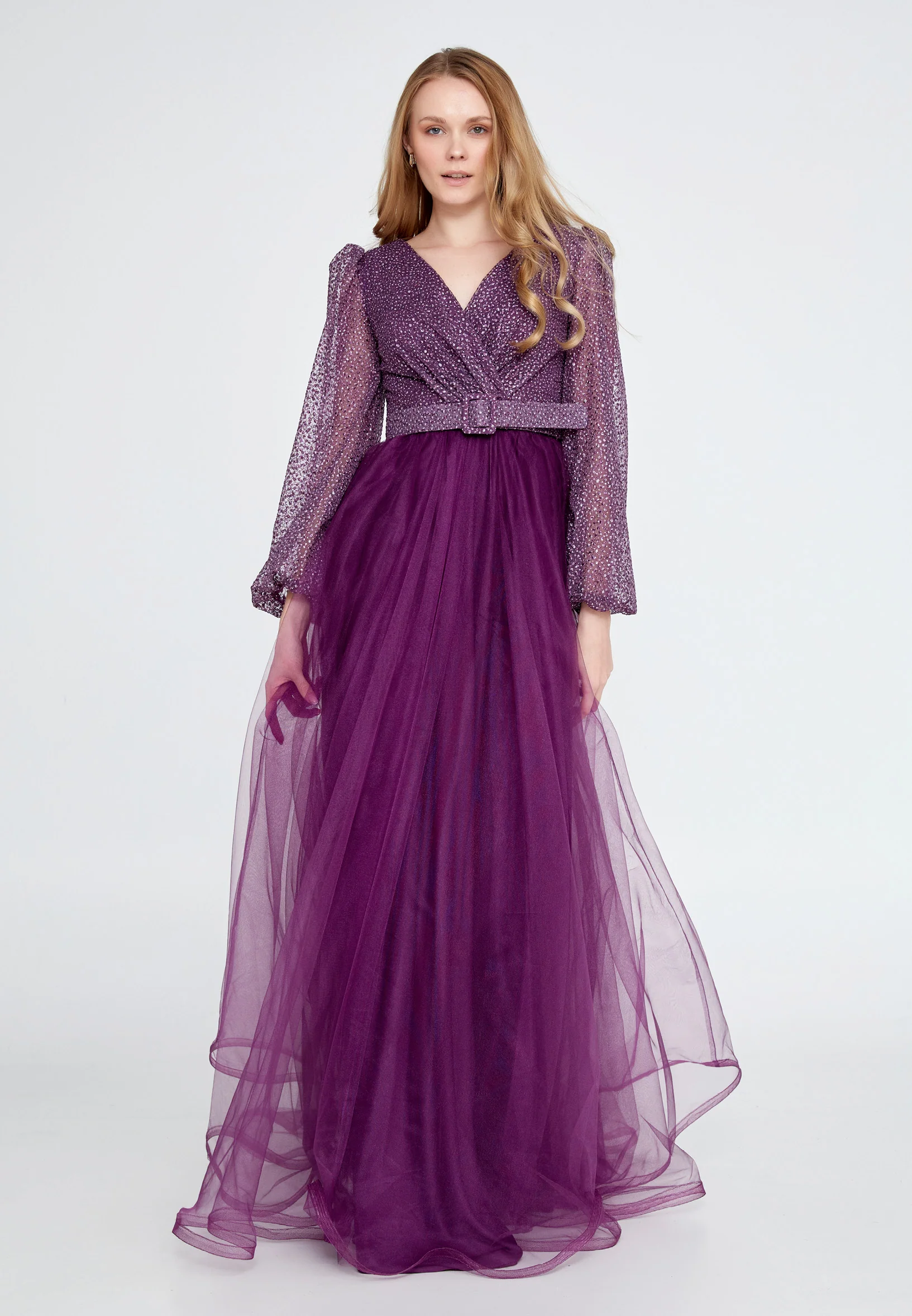 Long Sleeve Maxi Tulle Column Regular Wedding Guest Dress ron7176 - Image 5