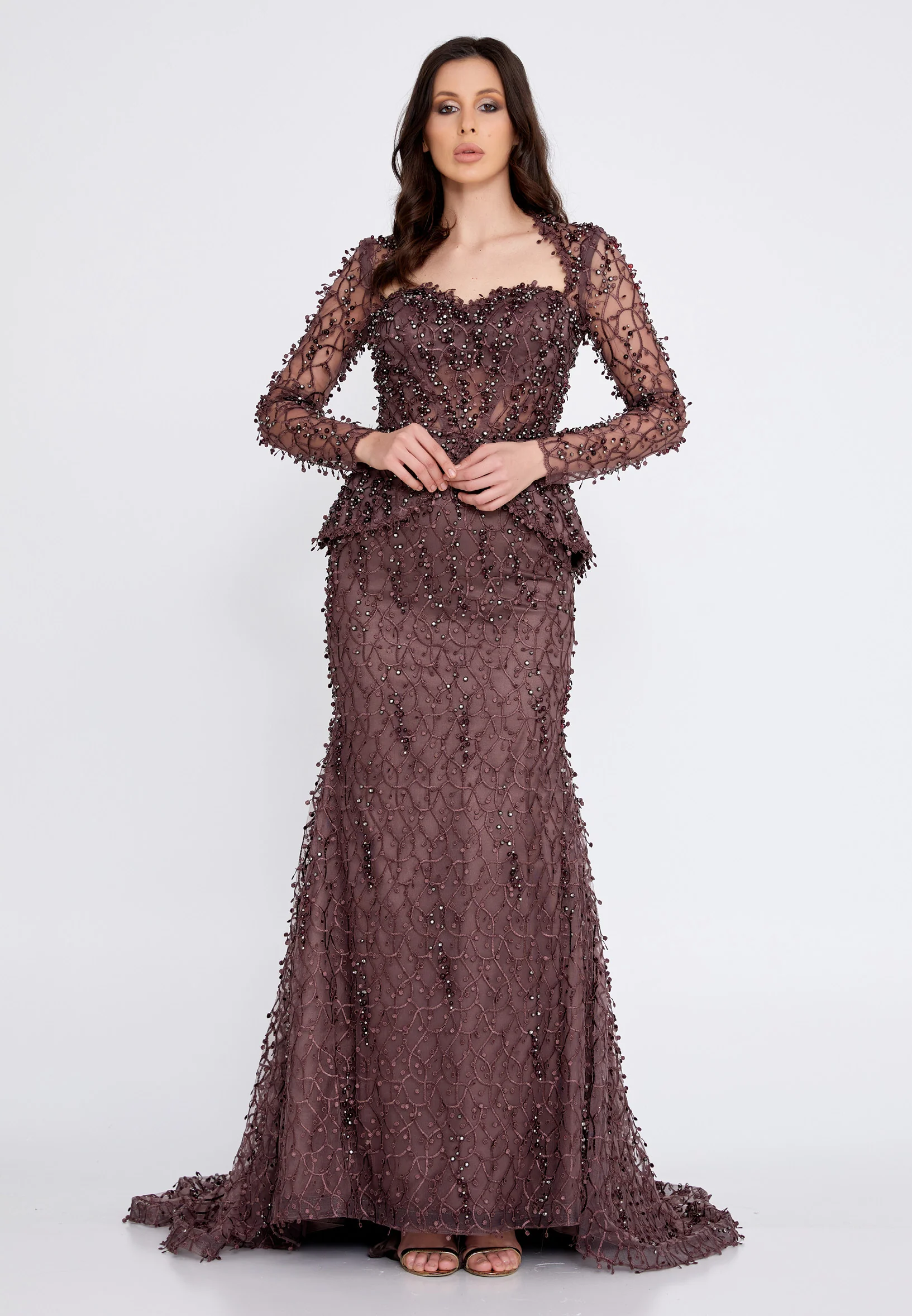 Long Sleeve Maxi Tulle Fit & Flare Regular Prom Dress knz3004