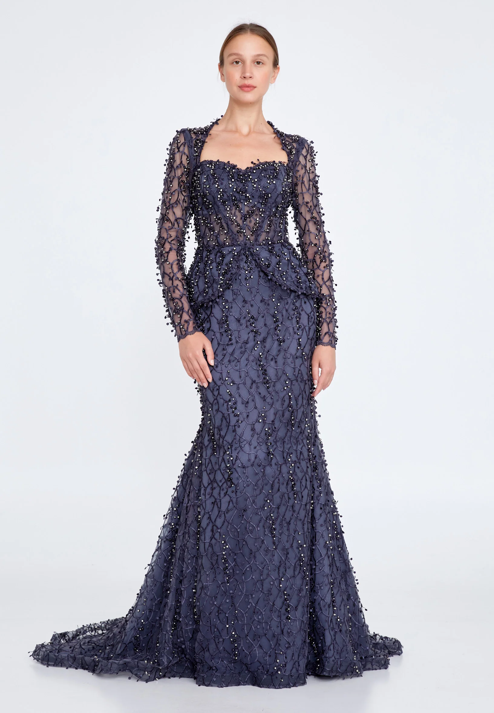 Long Sleeve Maxi Tulle Fit & Flare Regular Prom Dress knz3004 - Image 13