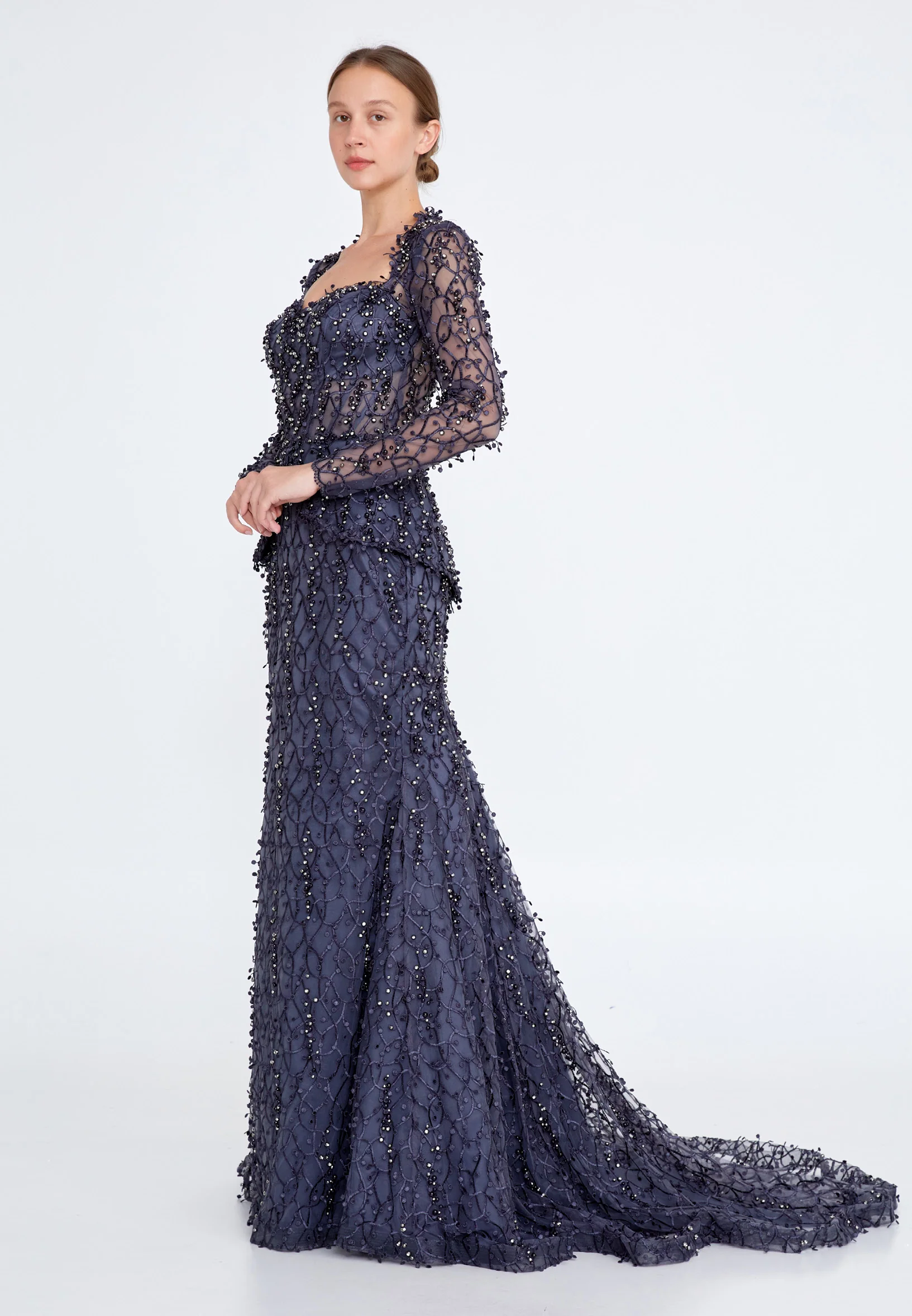 Long Sleeve Maxi Tulle Fit & Flare Regular Prom Dress knz3004 - Image 15