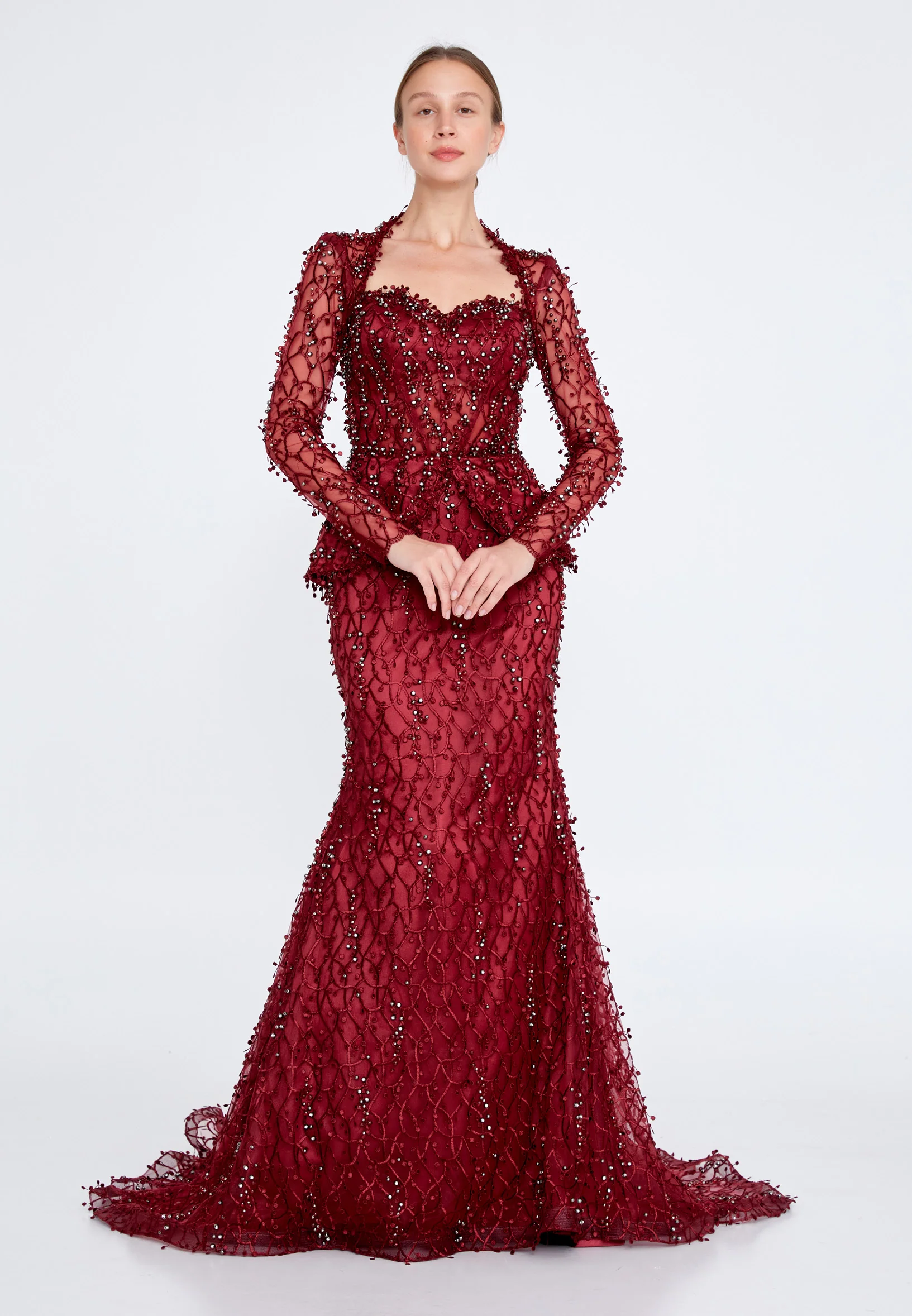 Long Sleeve Maxi Tulle Fit & Flare Regular Prom Dress knz3004 - Image 5