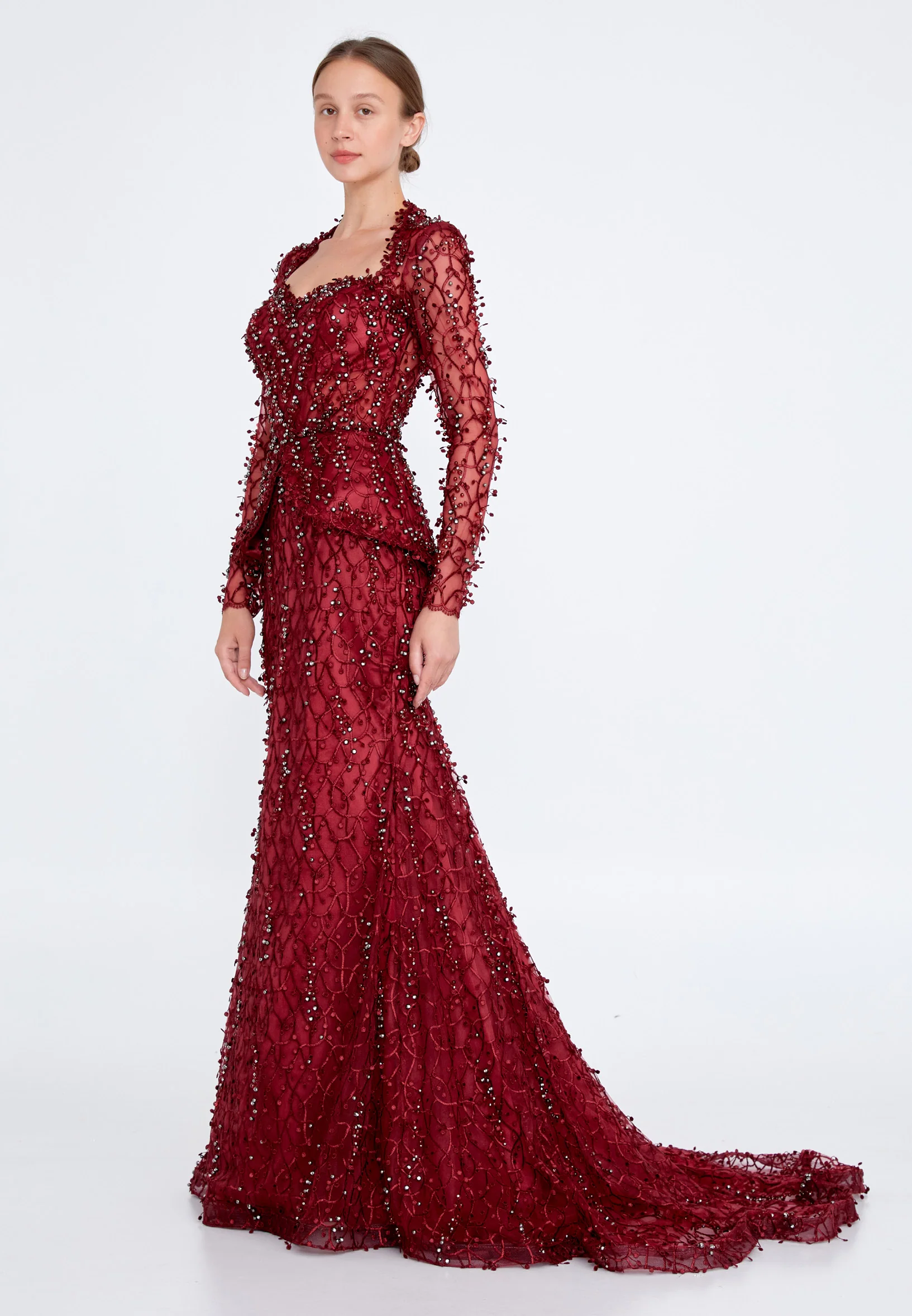 Long Sleeve Maxi Tulle Fit & Flare Regular Prom Dress knz3004 - Image 7