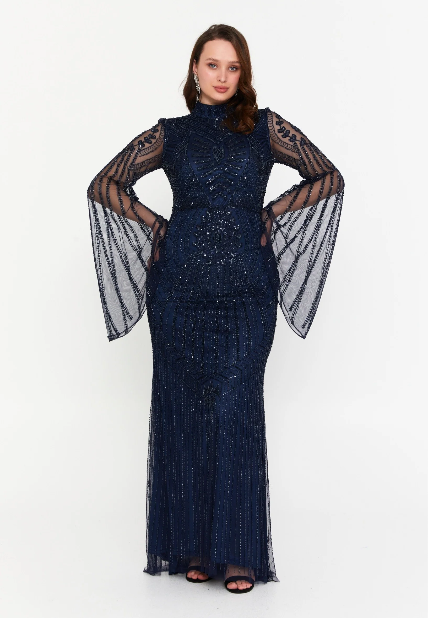 Long Sleeve Maxi Tulle Mermaid Plus Size Wedding Guest Dress dvv1827