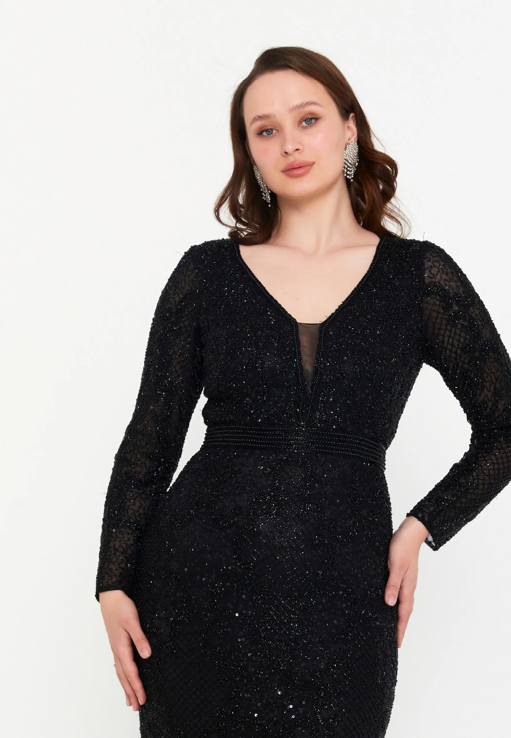 Long Sleeve Maxi Tulle Mermaid Plus Size Wedding Guest Dress dvv3676 - Image 4