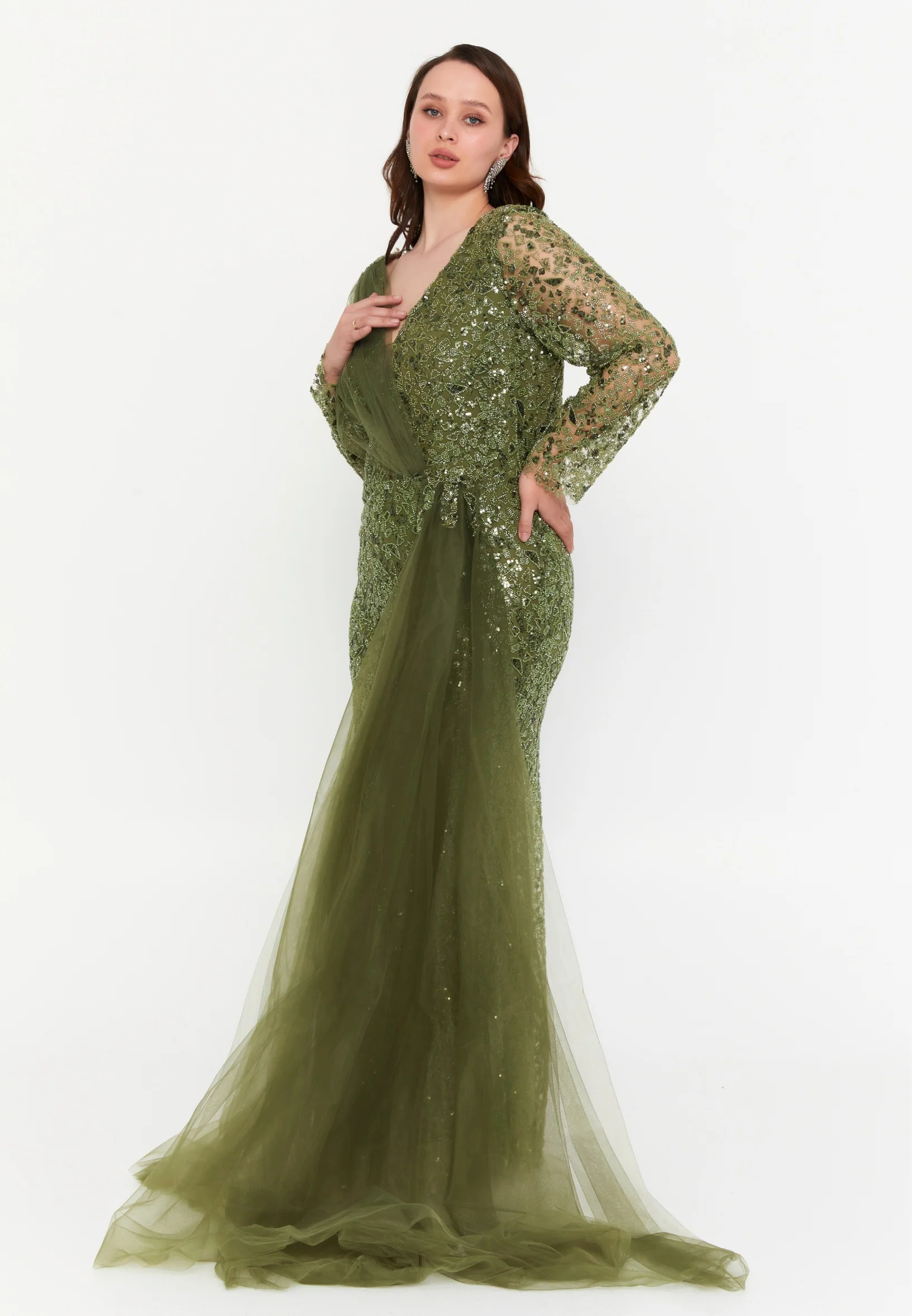 Long Sleeve Maxi Tulle Mermaid Plus Size Wedding Guest Dress mtr99119 - Image 11
