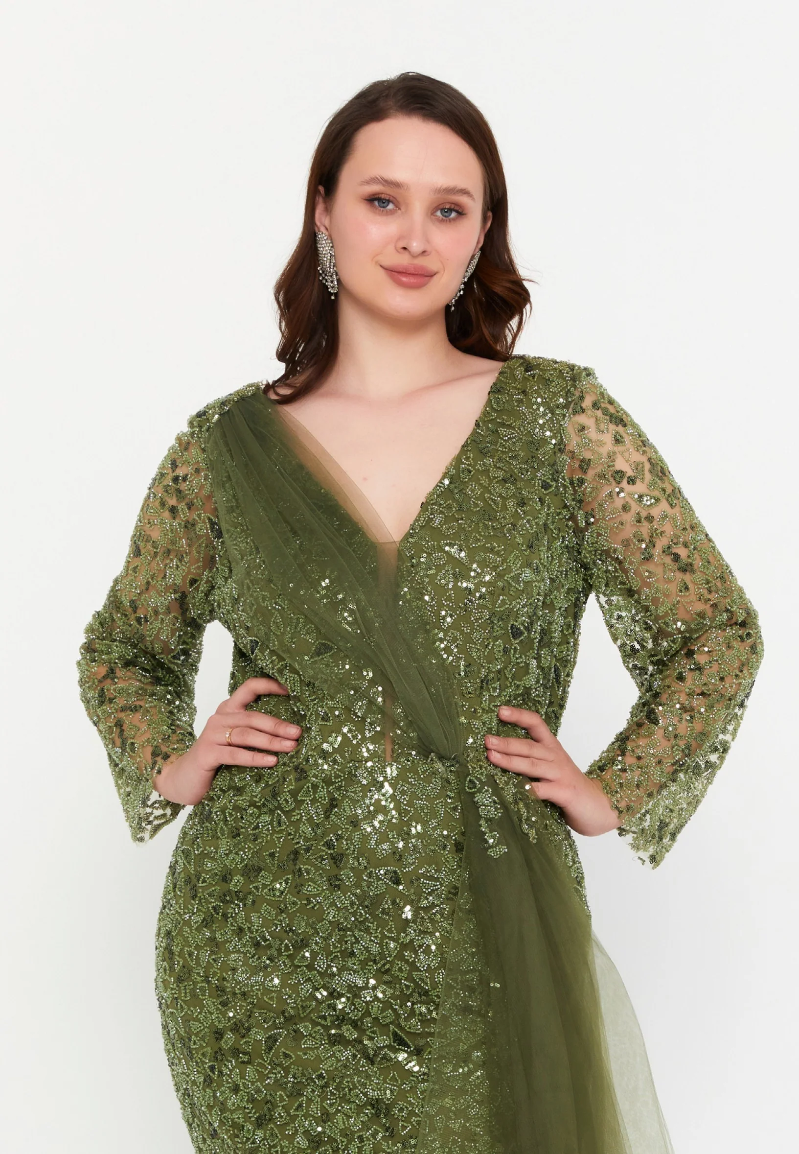 Long Sleeve Maxi Tulle Mermaid Plus Size Wedding Guest Dress mtr99119 - Image 12