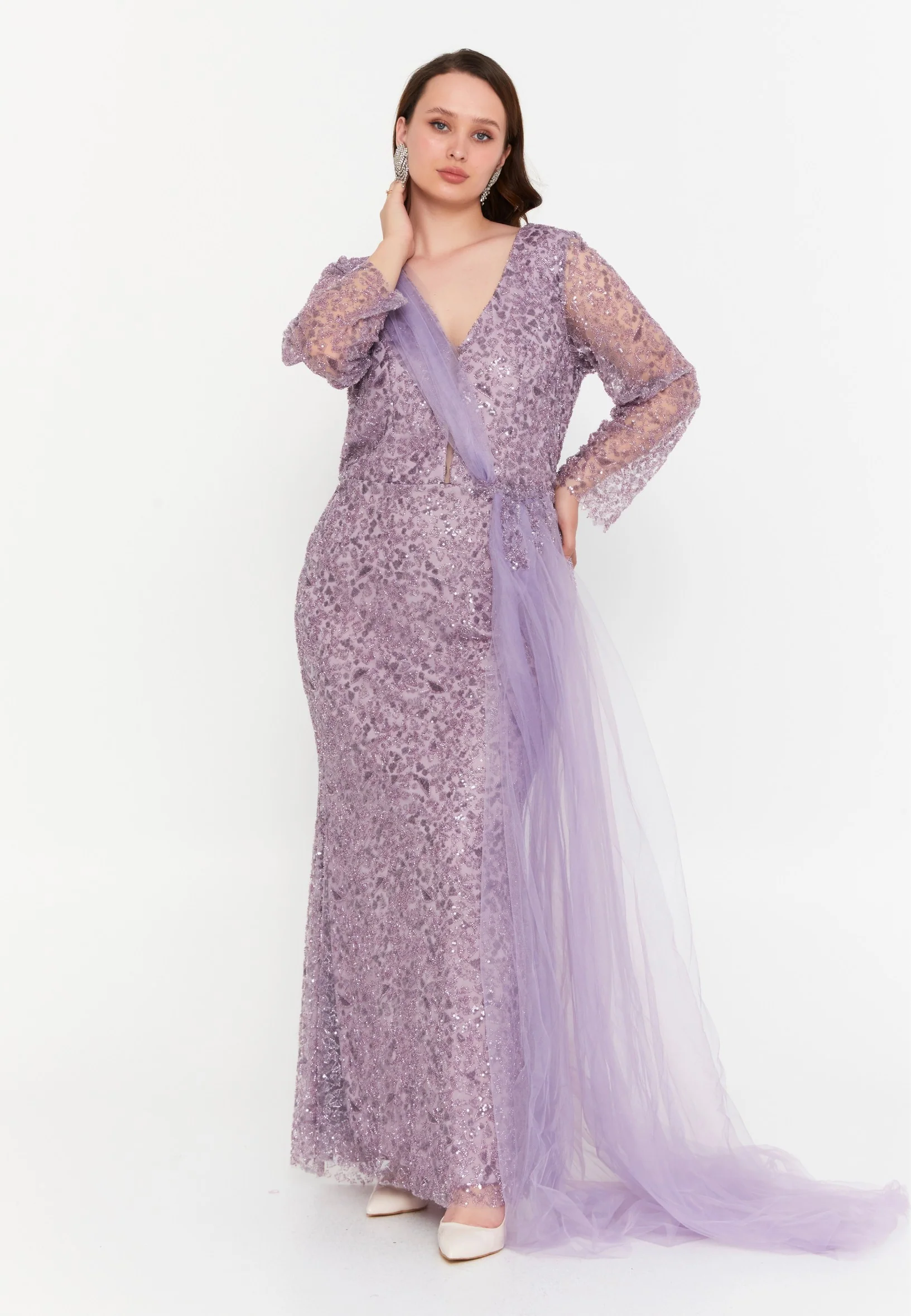 Long Sleeve Maxi Tulle Mermaid Plus Size Wedding Guest Dress mtr99119 - Image 13
