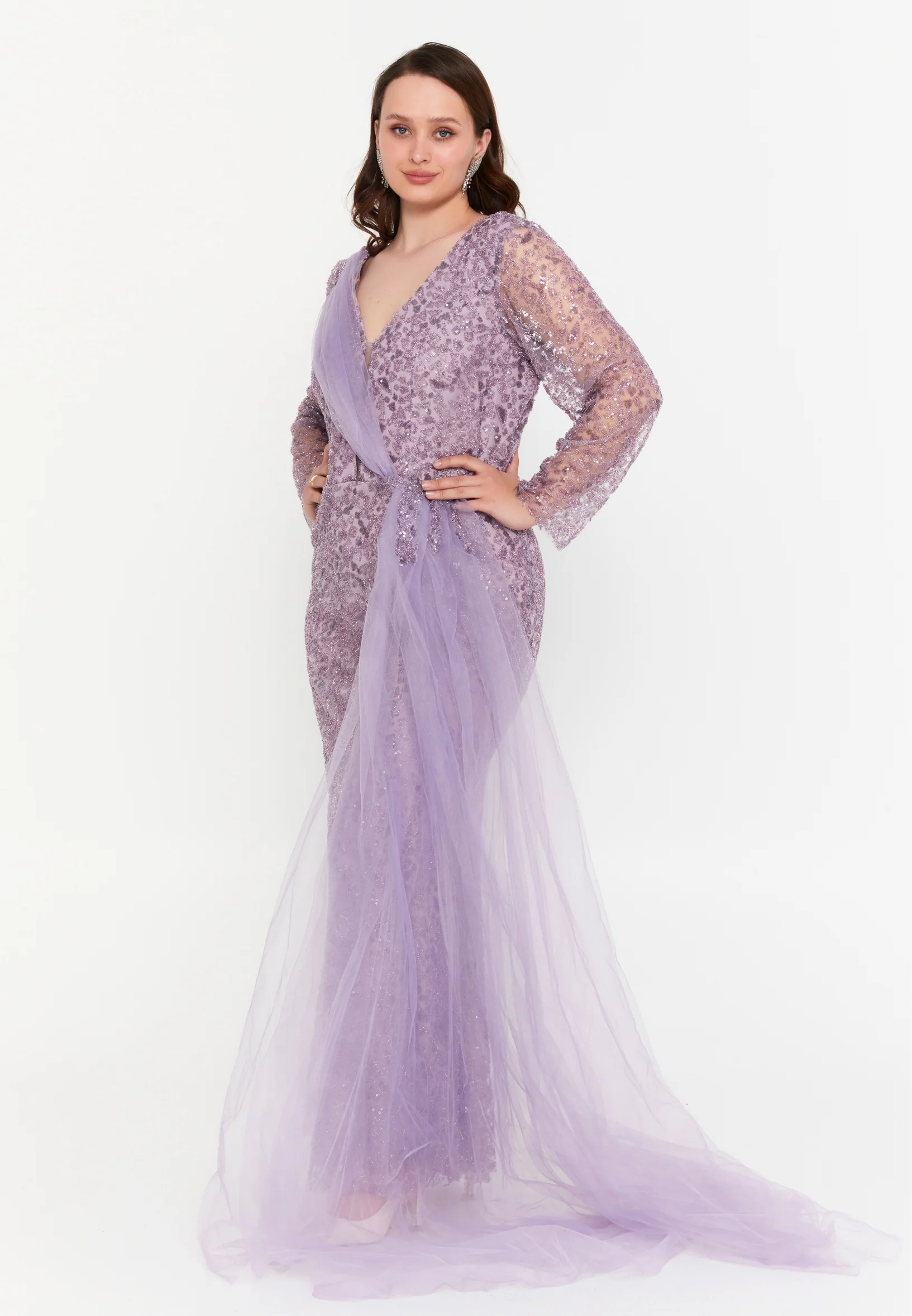Long Sleeve Maxi Tulle Mermaid Plus Size Wedding Guest Dress mtr99119 - Image 15