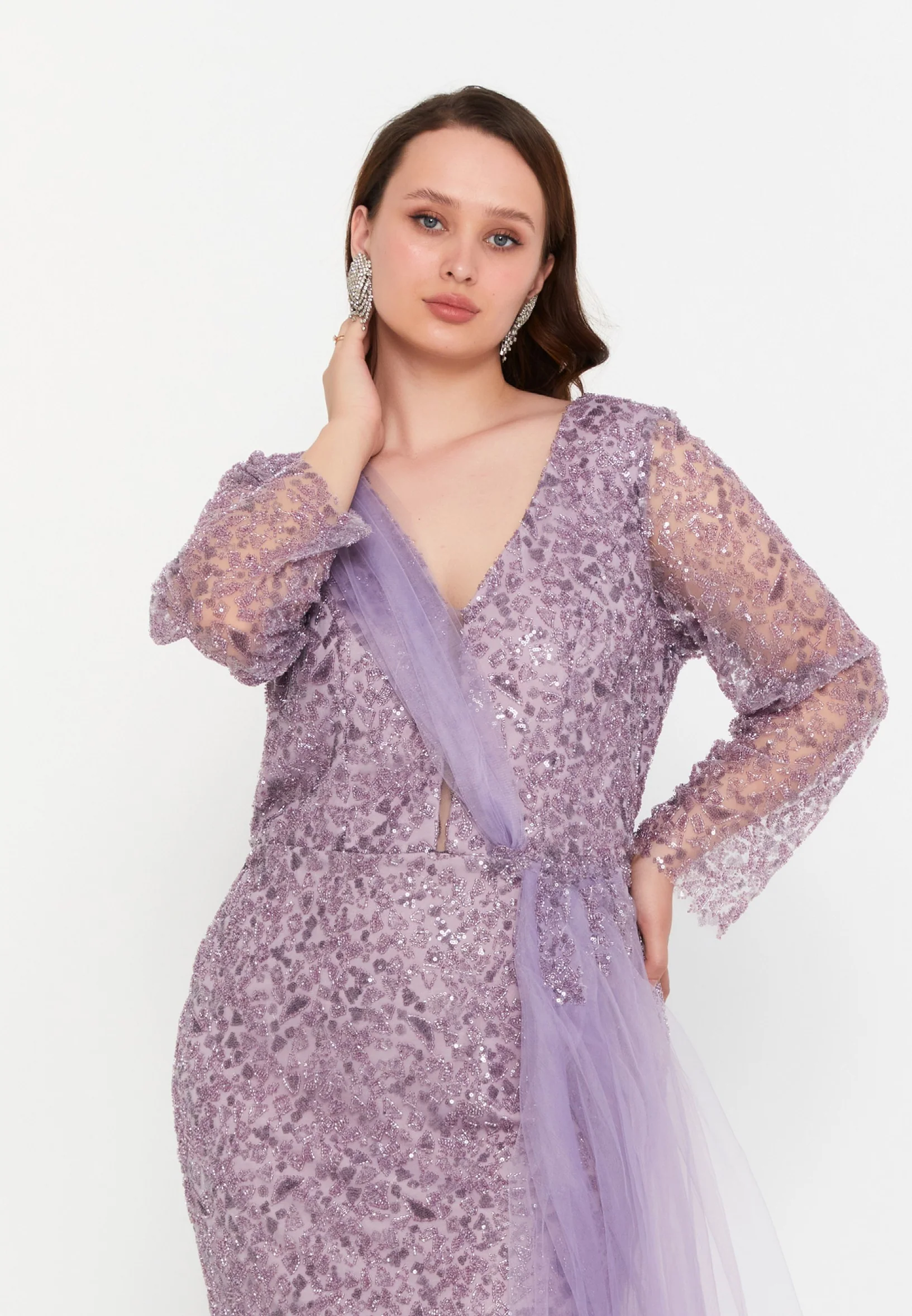 Long Sleeve Maxi Tulle Mermaid Plus Size Wedding Guest Dress mtr99119 - Image 16