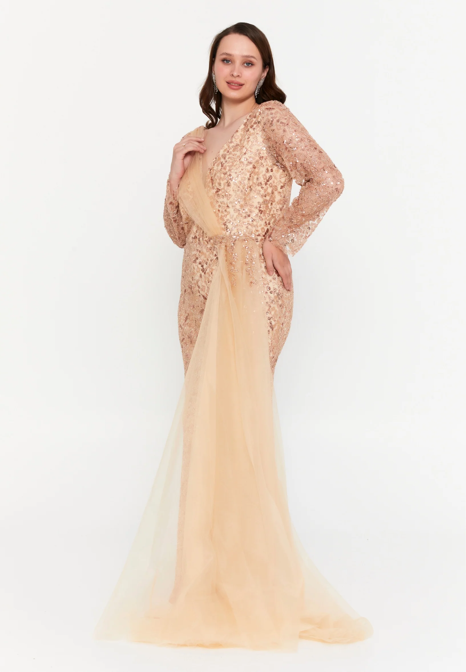 Long Sleeve Maxi Tulle Mermaid Plus Size Wedding Guest Dress mtr99119 - Image 3