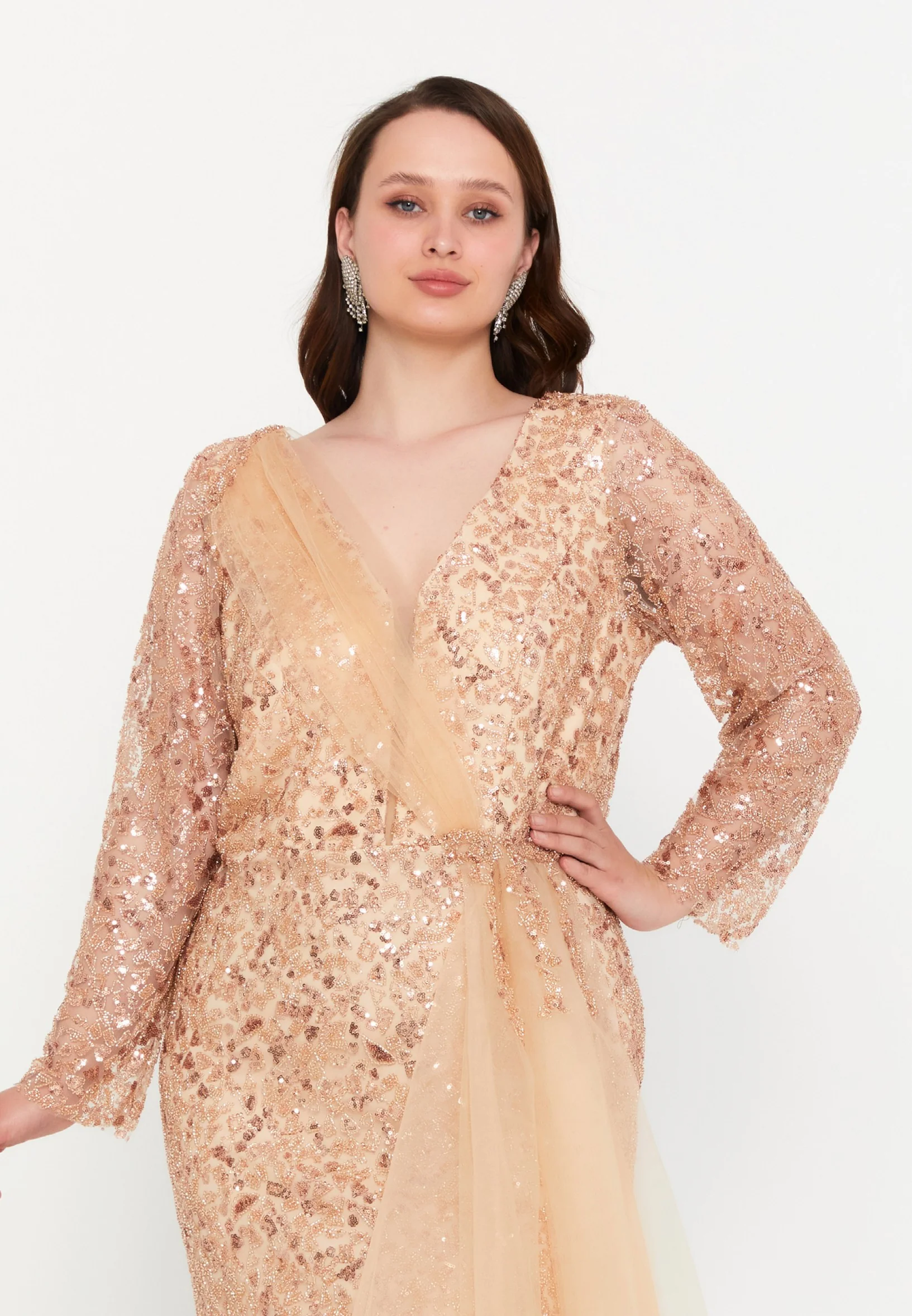 Long Sleeve Maxi Tulle Mermaid Plus Size Wedding Guest Dress mtr99119 - Image 4