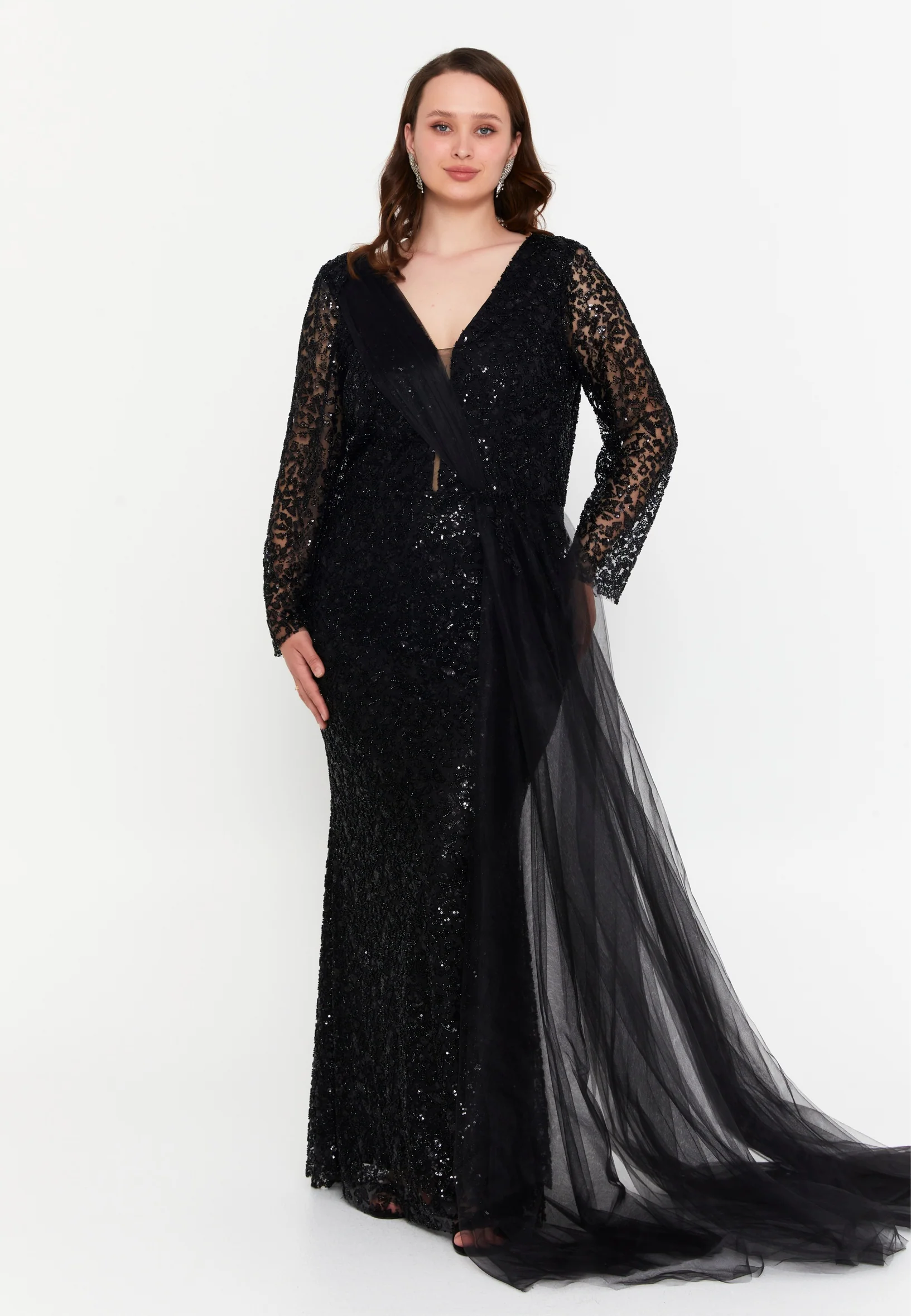 Long Sleeve Maxi Tulle Mermaid Plus Size Wedding Guest Dress mtr99119 - Image 5
