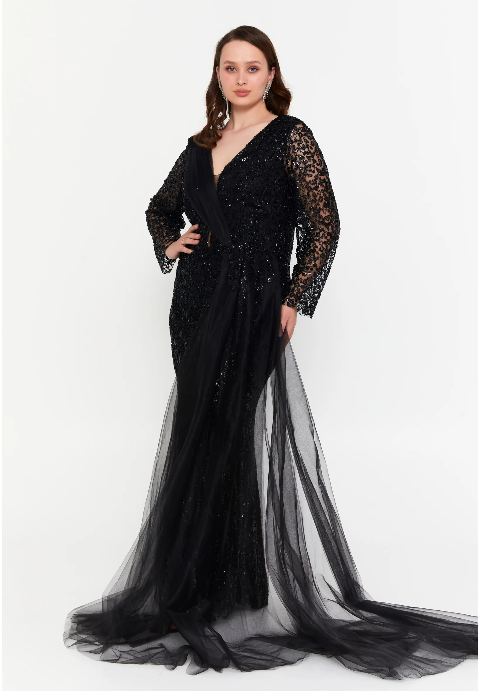 Long Sleeve Maxi Tulle Mermaid Plus Size Wedding Guest Dress mtr99119 - Image 7