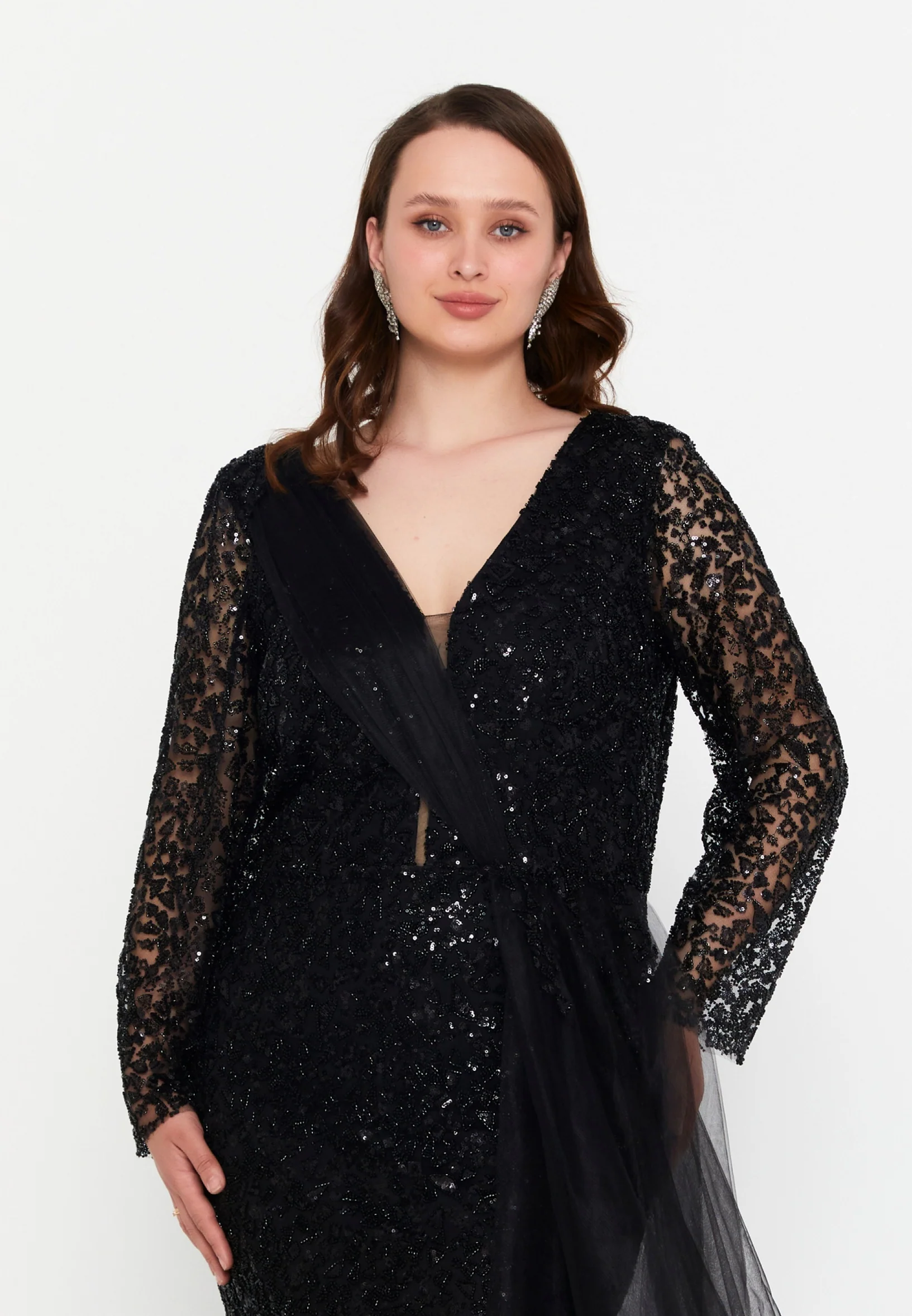 Long Sleeve Maxi Tulle Mermaid Plus Size Wedding Guest Dress mtr99119 - Image 8