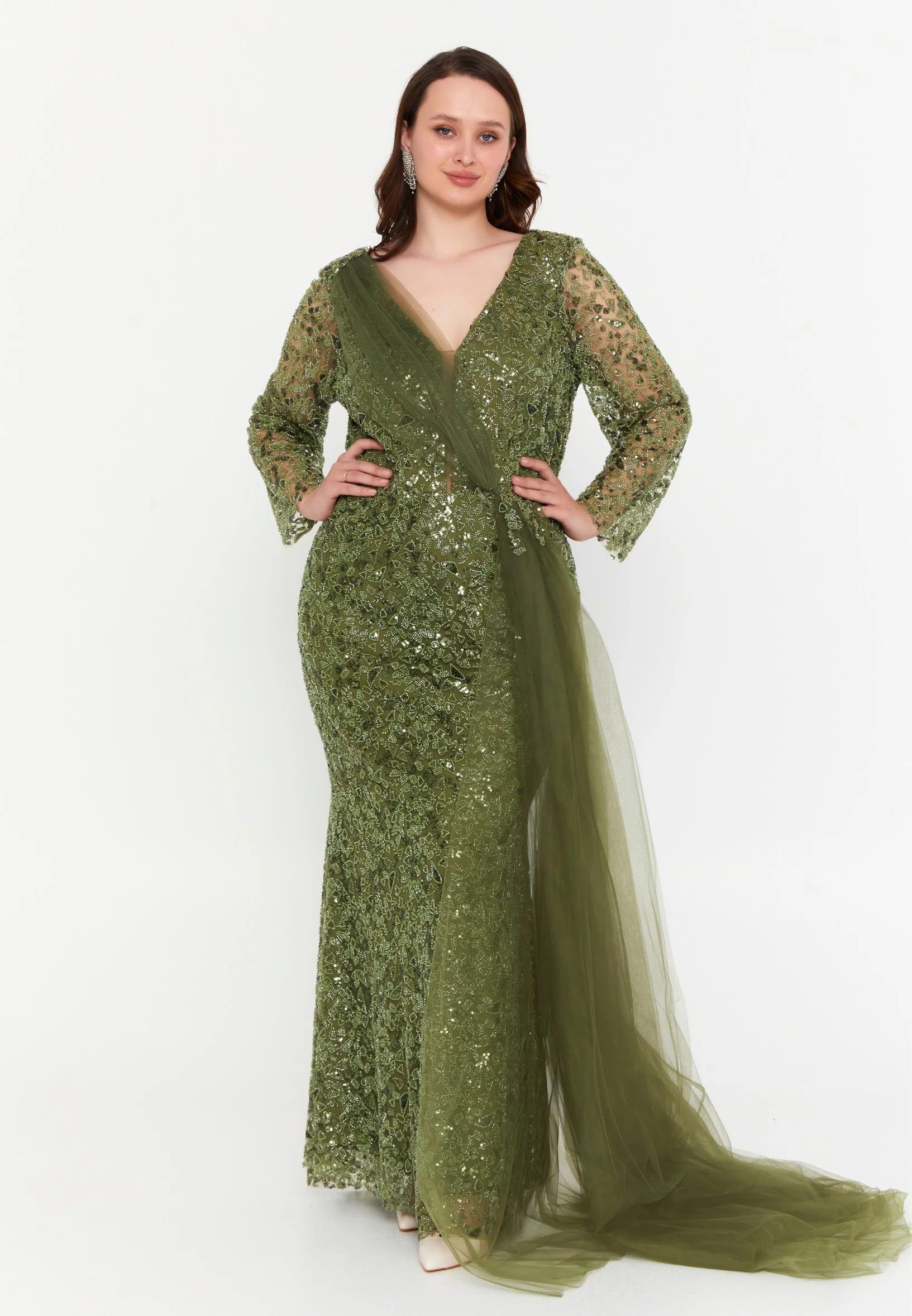 Long Sleeve Maxi Tulle Mermaid Plus Size Wedding Guest Dress mtr99119 - Image 9