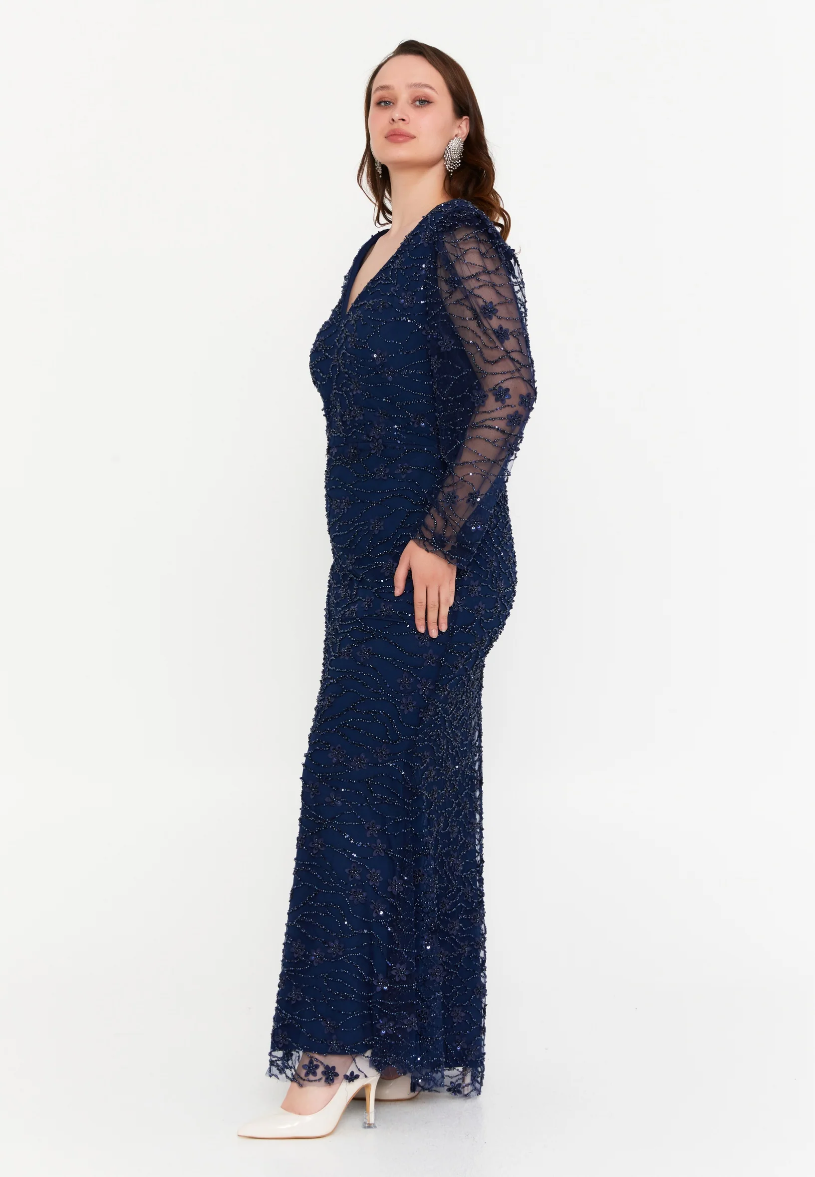 Long Sleeve Maxi Tulle Mermaid Plus Size Wedding Guest Dress mtr99123 - Image 11