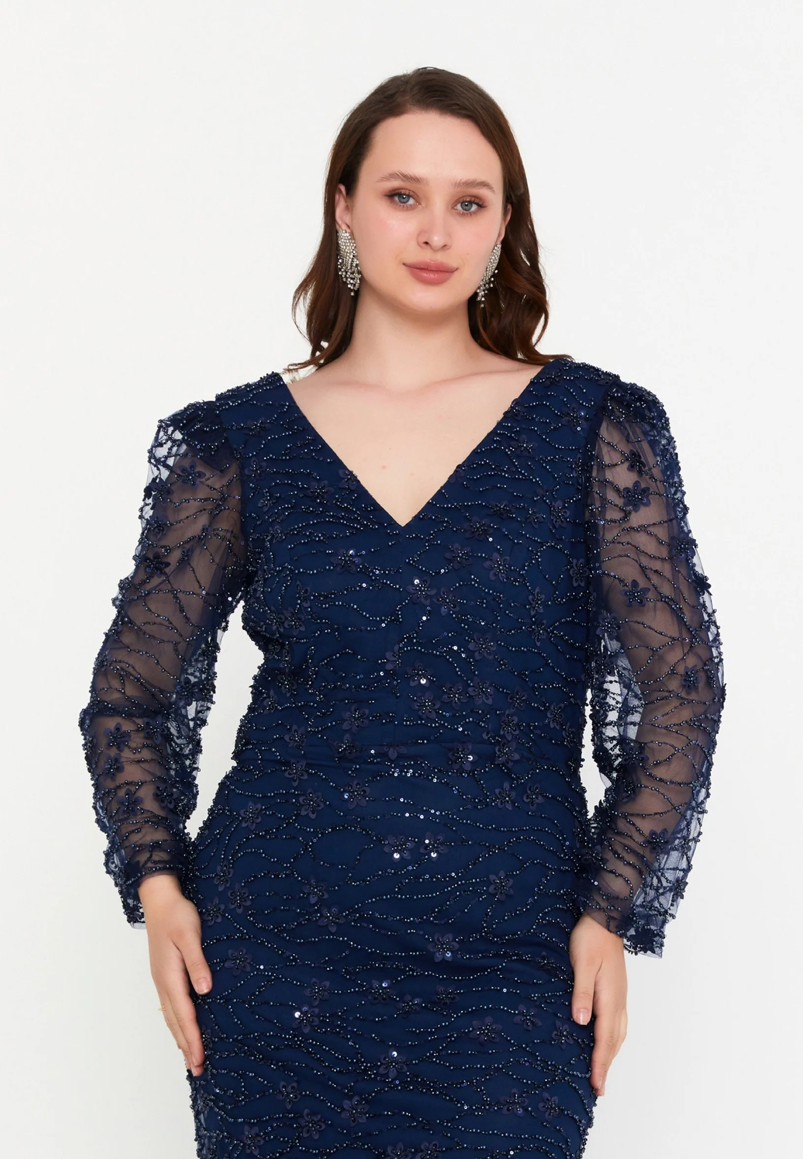 Long Sleeve Maxi Tulle Mermaid Plus Size Wedding Guest Dress mtr99123 - Image 12