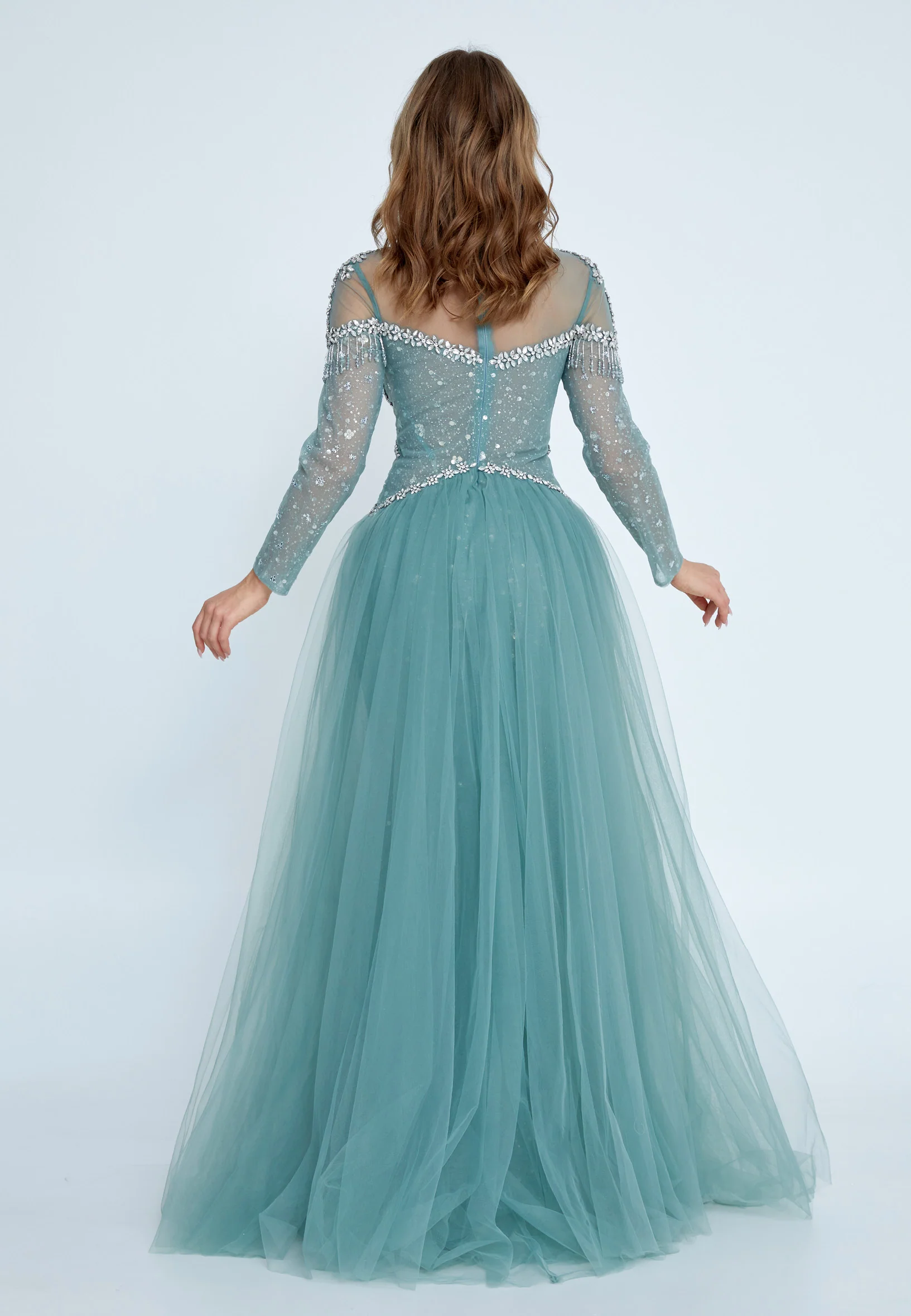Long Sleeve Maxi Tulle Mermaid Regular Prom Dress mti1009 - Image 6
