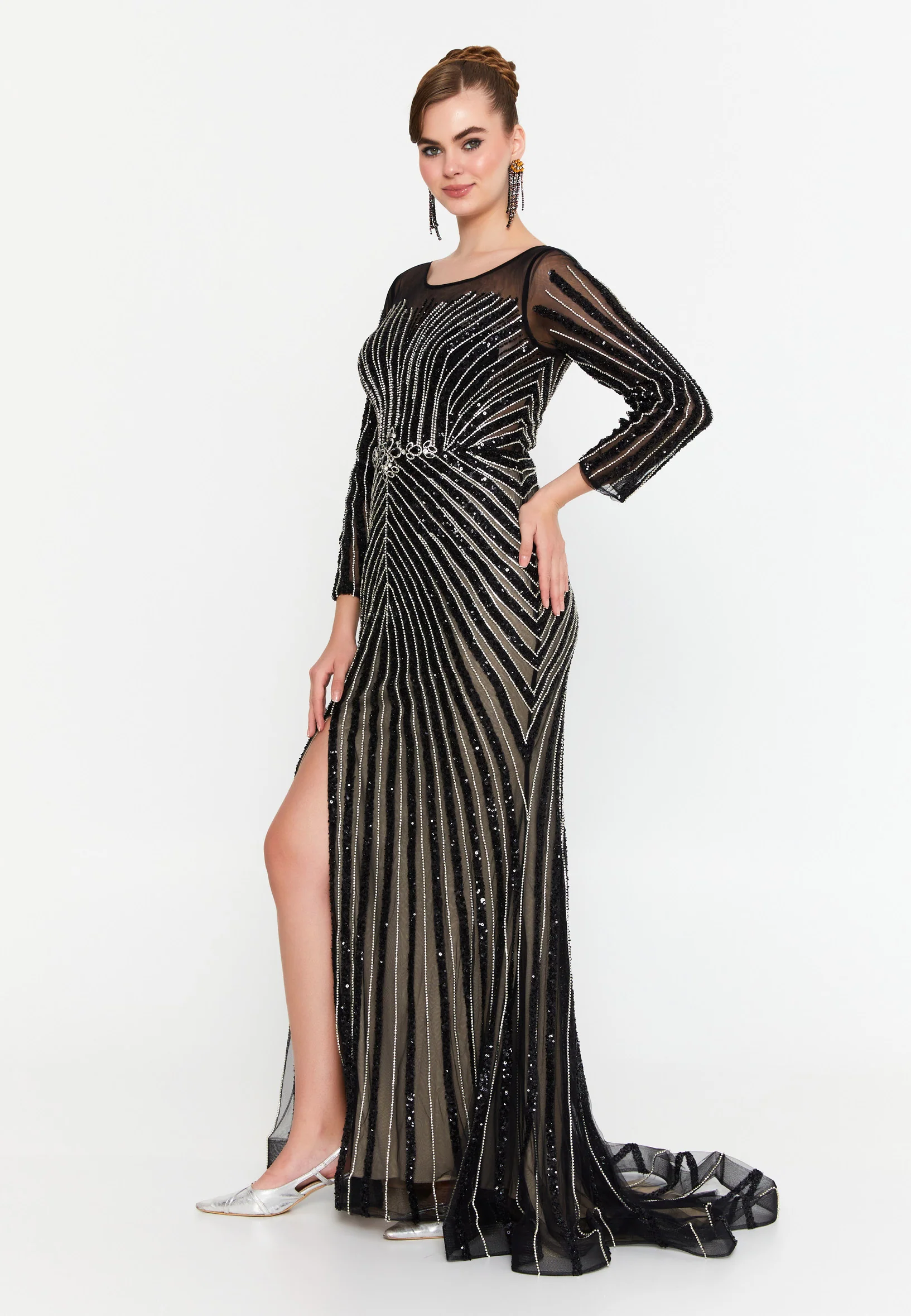 Long Sleeve Maxi Tulle Mermaid Regular Prom Dress mti1024 - Image 3
