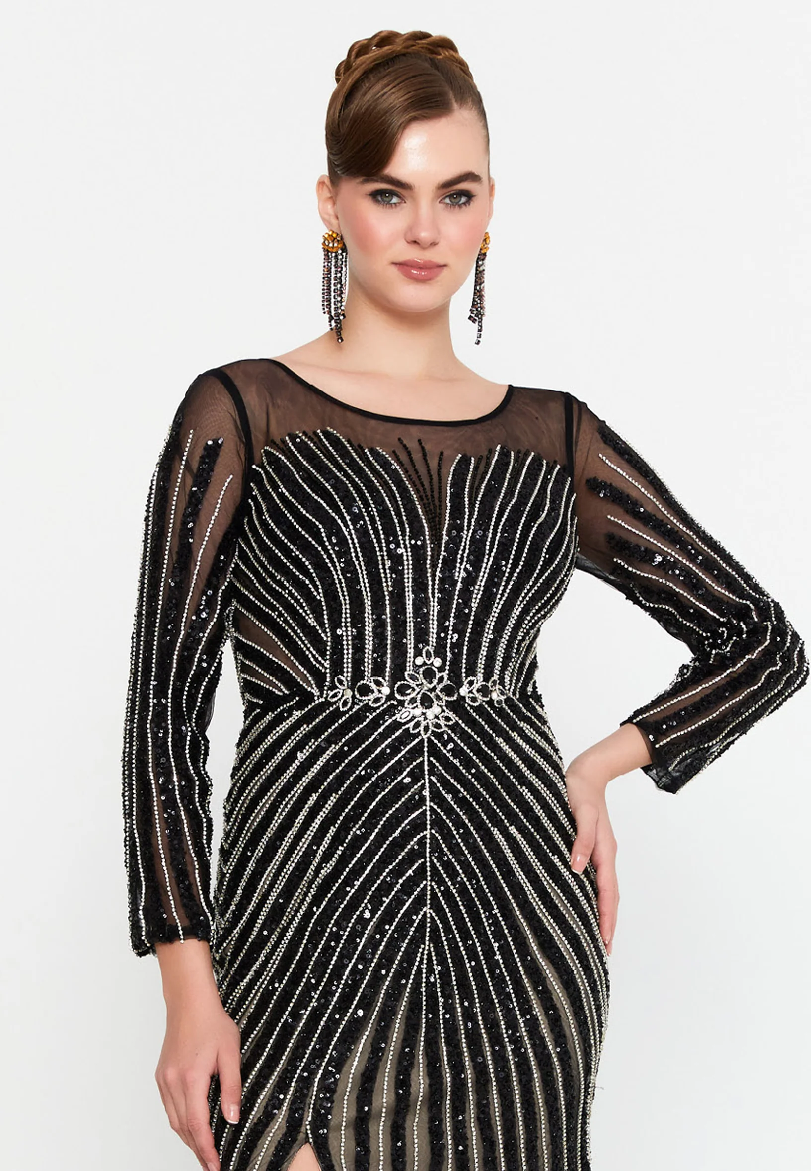 Long Sleeve Maxi Tulle Mermaid Regular Prom Dress mti1024 - Image 4