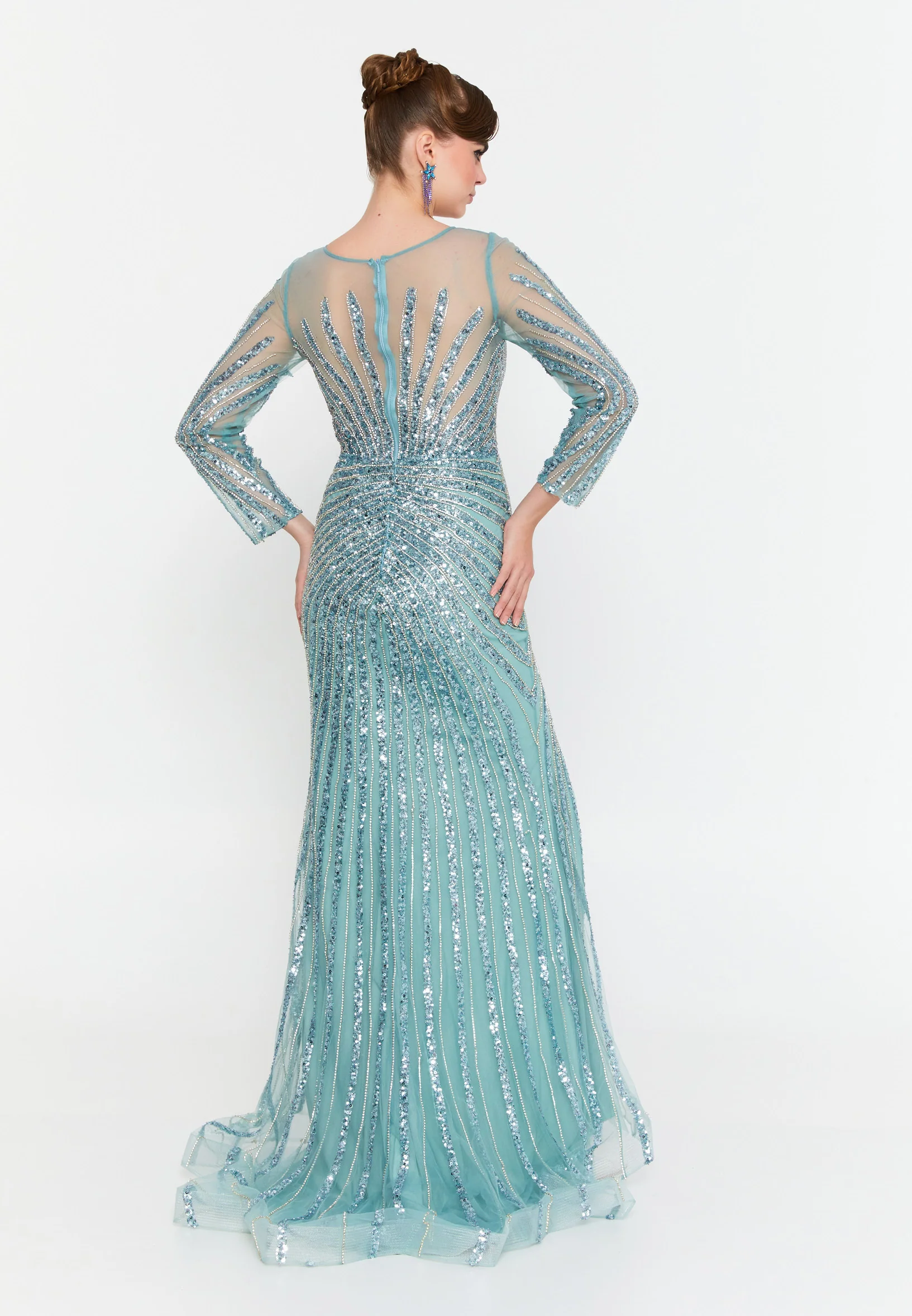 Long Sleeve Maxi Tulle Mermaid Regular Prom Dress mti1024 - Image 6