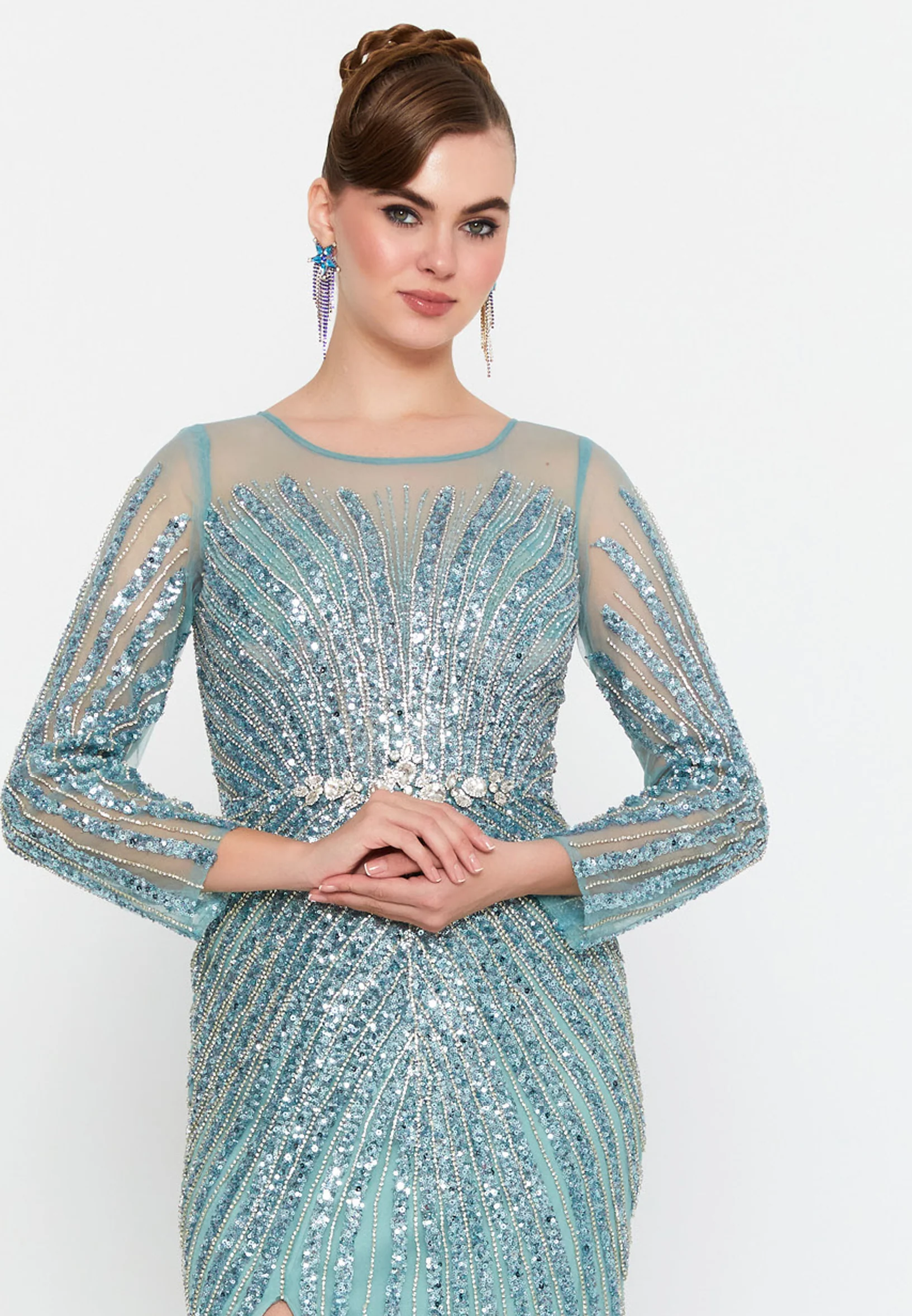 Long Sleeve Maxi Tulle Mermaid Regular Prom Dress mti1024 - Image 8